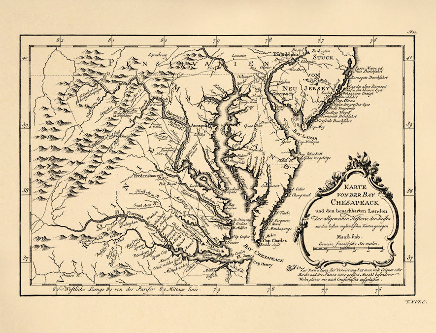 Karte Von Der Bay Chesapeack Und Den Benachbarten Landen Zur Allegemeinen Historie Der Reisen Aus Den Besten Englændischen Karten Gezogen 1758 by Relic Map Company