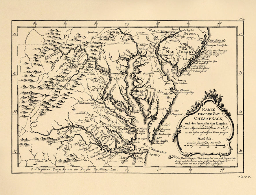 Karte Von Der Bay Chesapeack Und Den Benachbarten Landen Zur Allegemeinen Historie Der Reisen Aus Den Besten Englændischen Karten Gezogen 1758