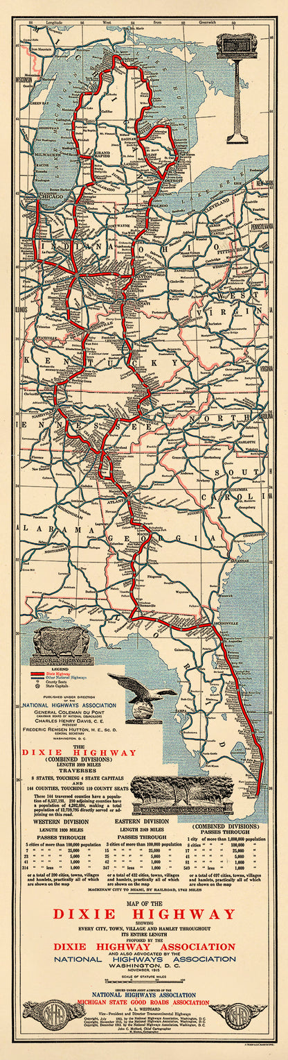 Map of the Dixie Highway. (Map of the Dixie Highway: Showing Every City, Town, Village and Hamlet Throughout Its Entire Length) 1915