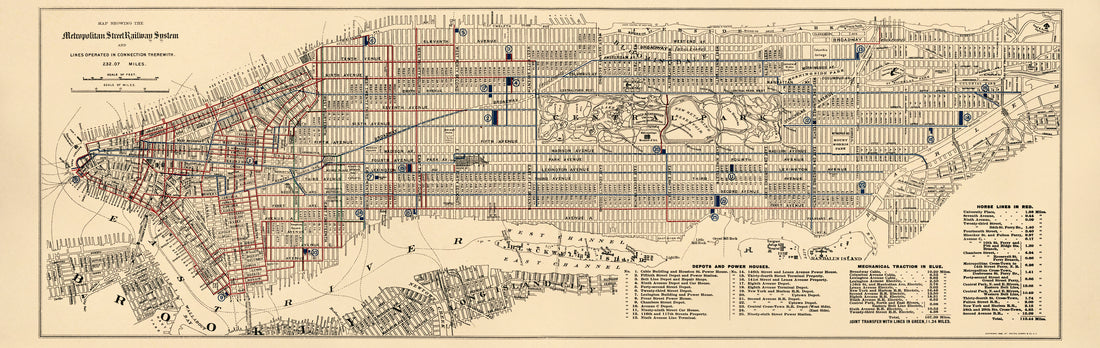 Map Showing the Metropolitan Street Railway System and Lines Operated In Connection Therewith : 232.07 Miles : borough of Manhattan, New York City 1899