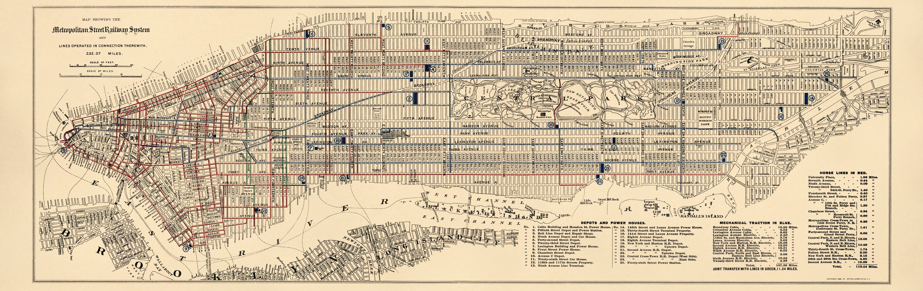 Map Showing the Metropolitan Street Railway System and Lines Operated In Connection Therewith : 232.07 Miles : borough of Manhattan, New York City 1899