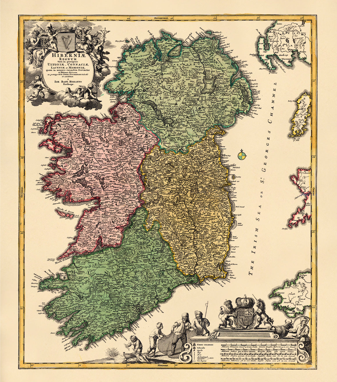 The Kingdom of Ireland, Divided As Much Into the Main Regions of Ulster, Connacht, Leinster and Munster. (Hiberniæ Regnum Tam In Præcipuas Ultoniæ, Connaciæ, Laceniæ Et Momoniæ, Quam In Minores Earundem Provincias Et Ditiones Divisum) 1715 by Relic Map Company