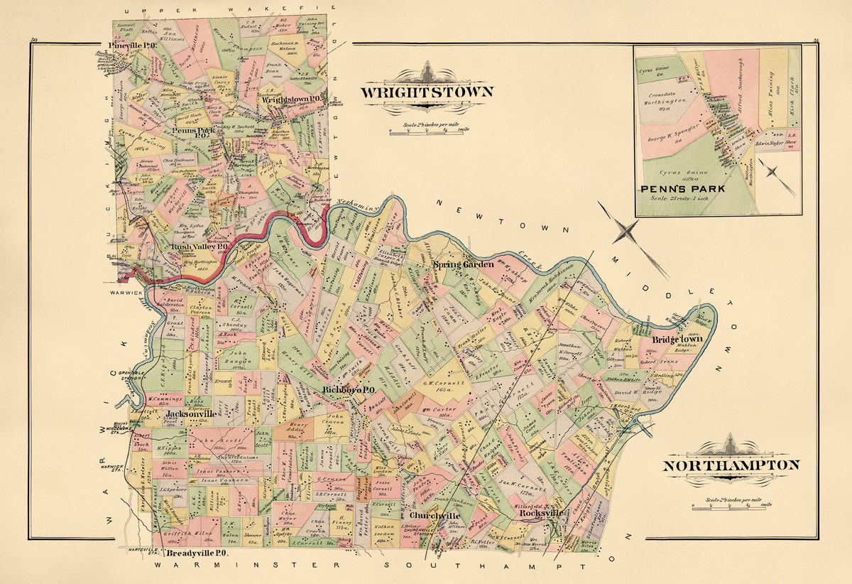 Wrightstown; Northhampton from Atlas of Bucks County, Pennsylvania 1891 by Relic Map Company