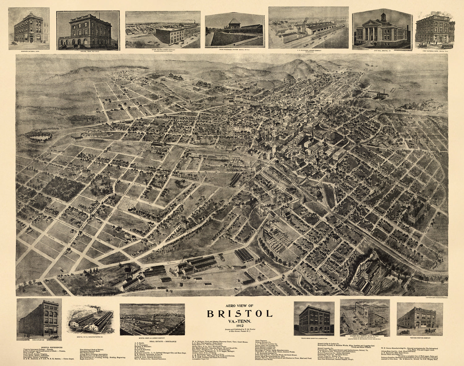 Aero View of Bristol, Va.=Tenn. 1912 by Relic Map Company