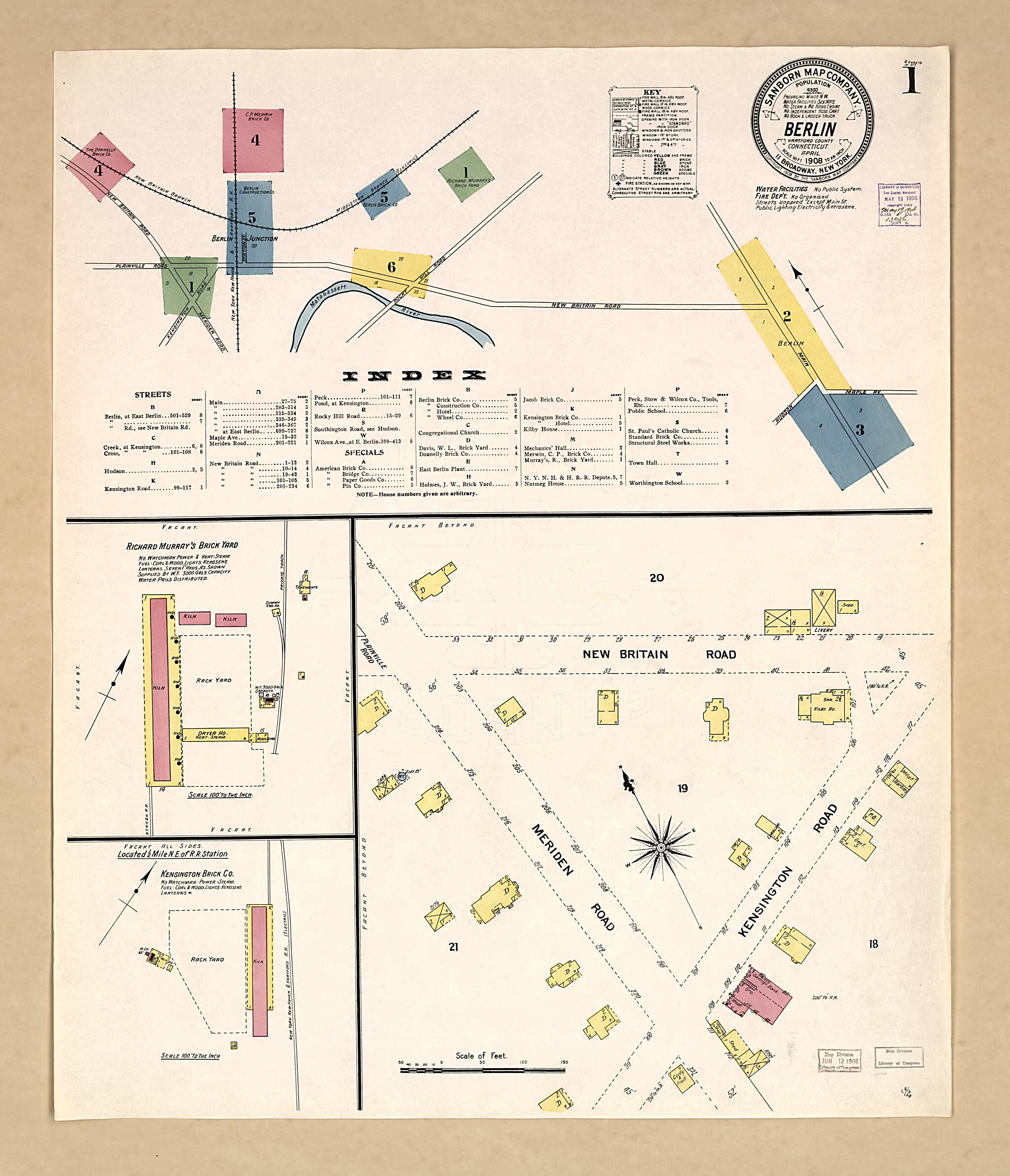 This old map of Berlin, Hartford County, Connecticut was created by Sanborn Map Company in 1908