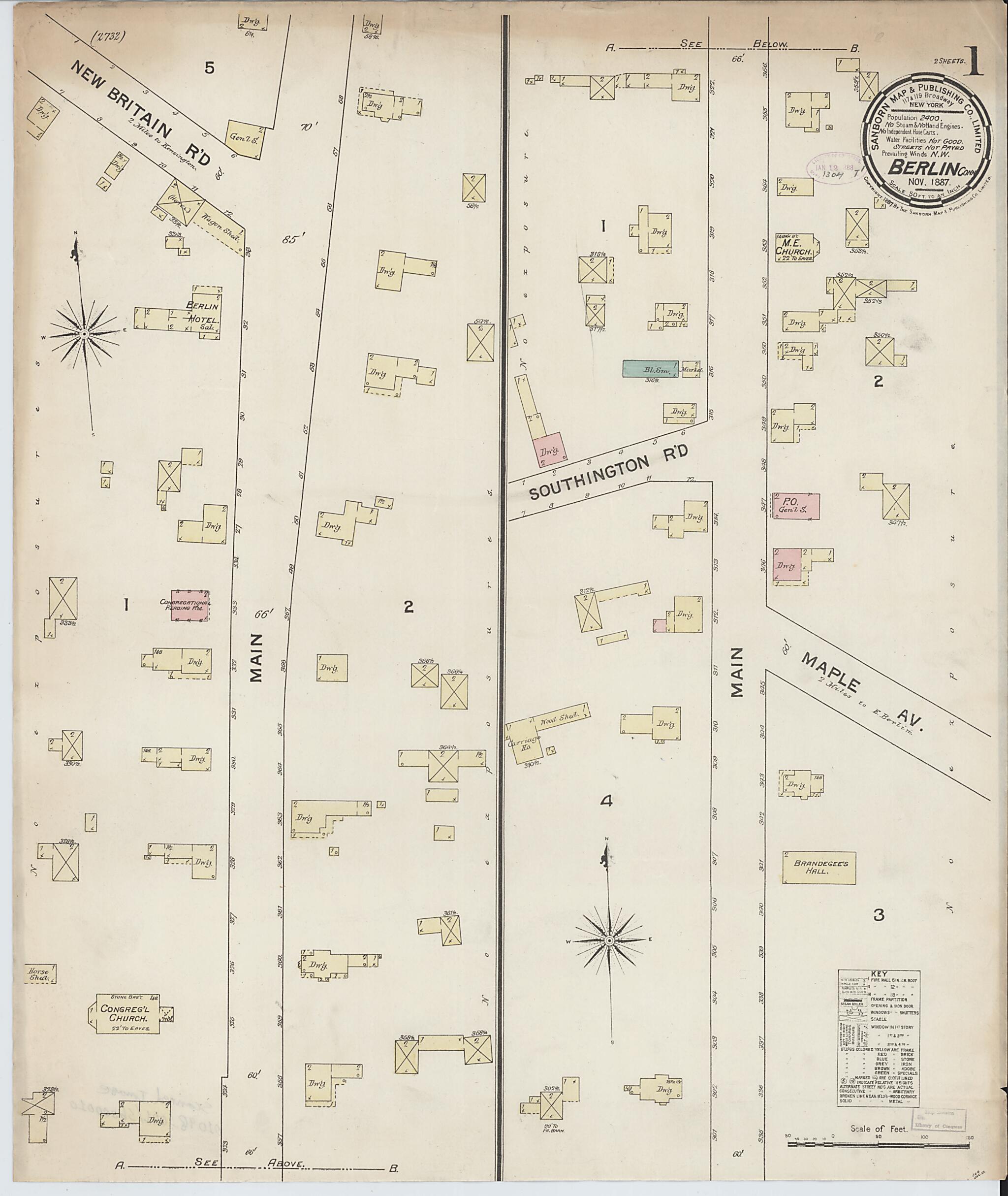 This old map of Berlin, Hartford County, Connecticut was created by Sanborn Map Company in 1887