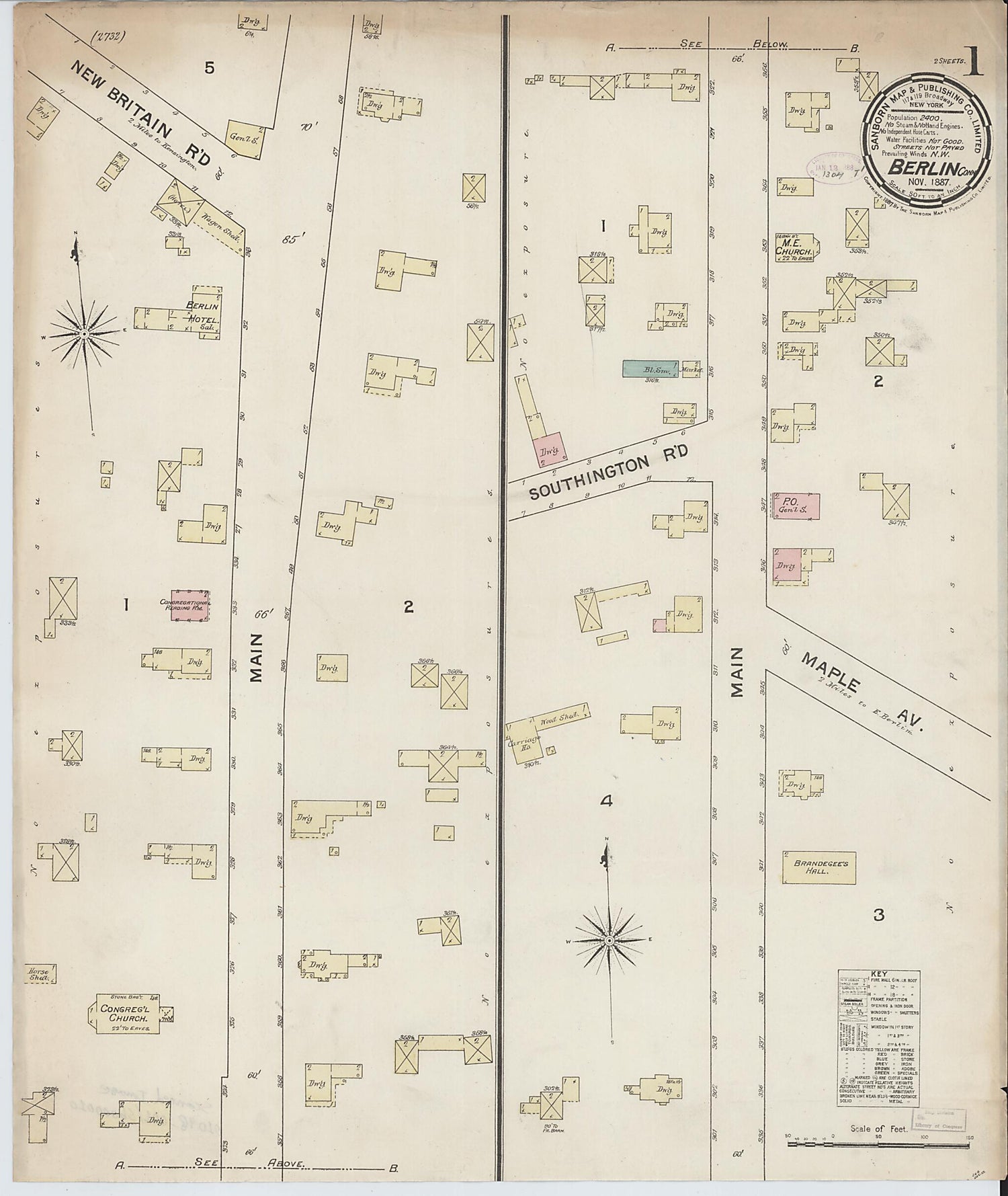 This old map of Berlin, Hartford County, Connecticut was created by Sanborn Map Company in 1887