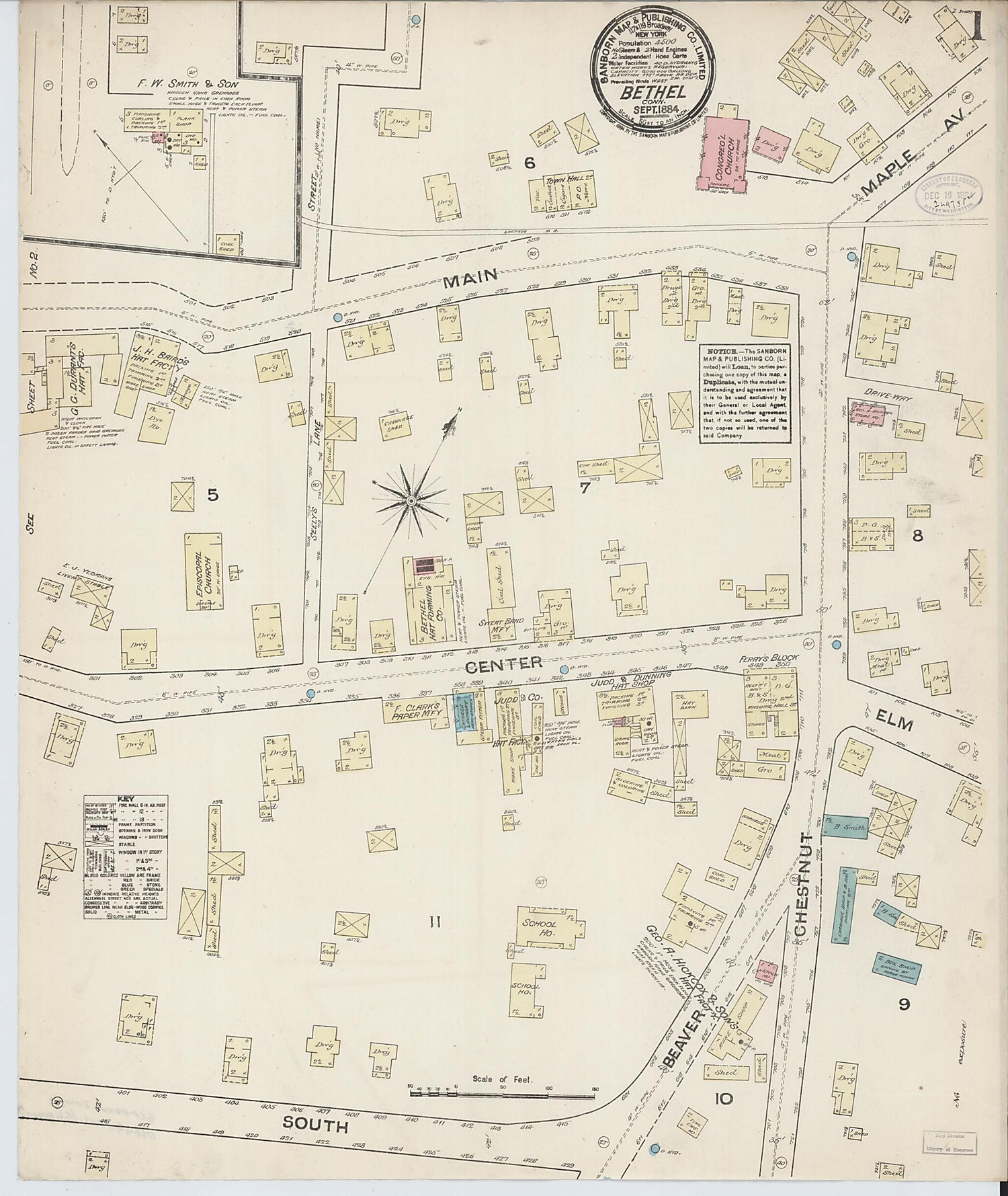 This old map of Bethel, Fairfield County, Connecticut was created by Sanborn Map Company in 1884