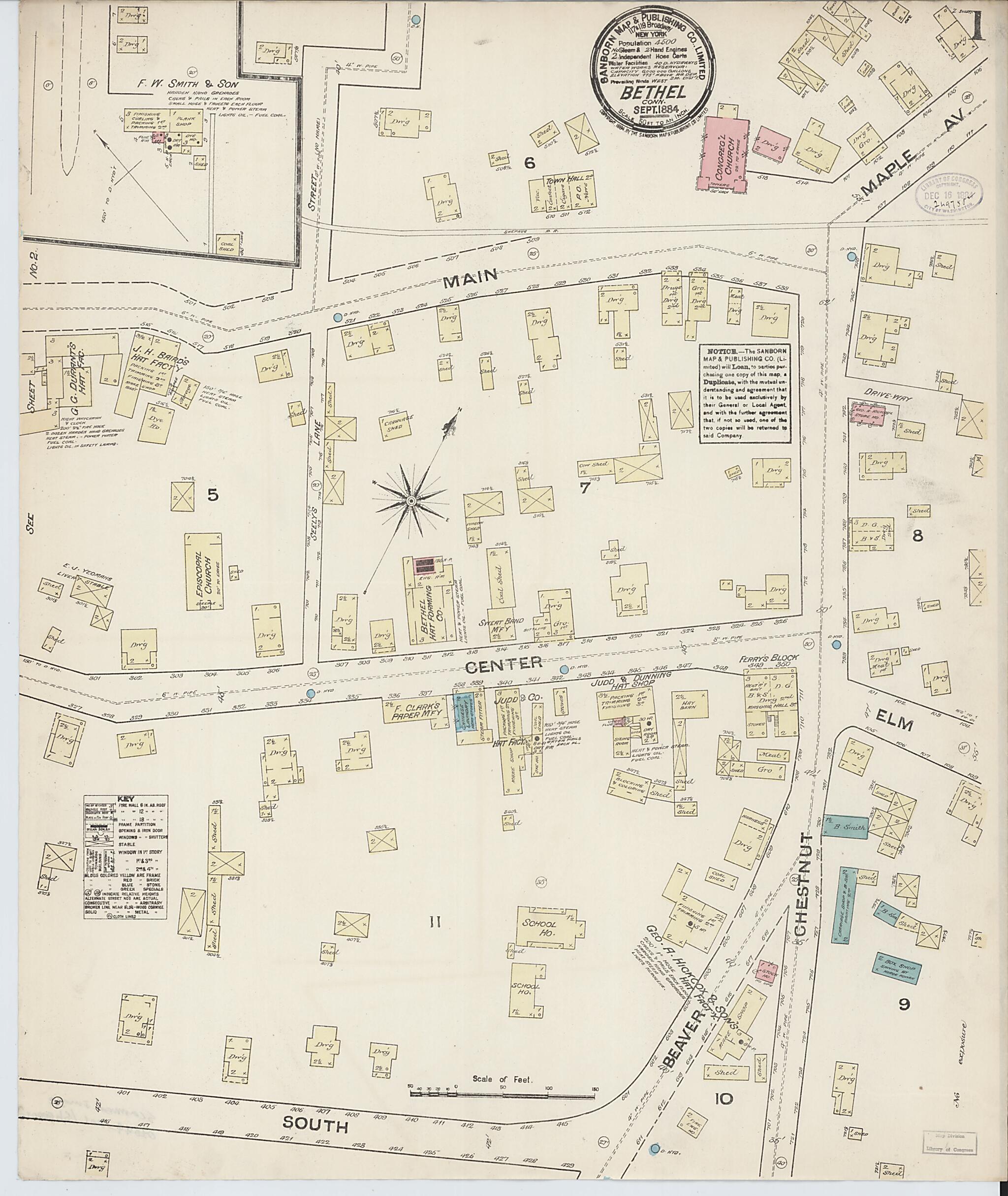 This old map of Bethel, Fairfield County, Connecticut was created by Sanborn Map Company in 1884