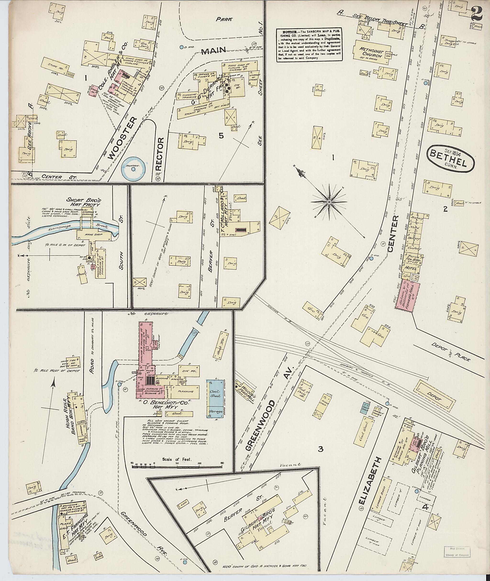 This old map of Bethel, Fairfield County, Connecticut was created by Sanborn Map Company in 1884
