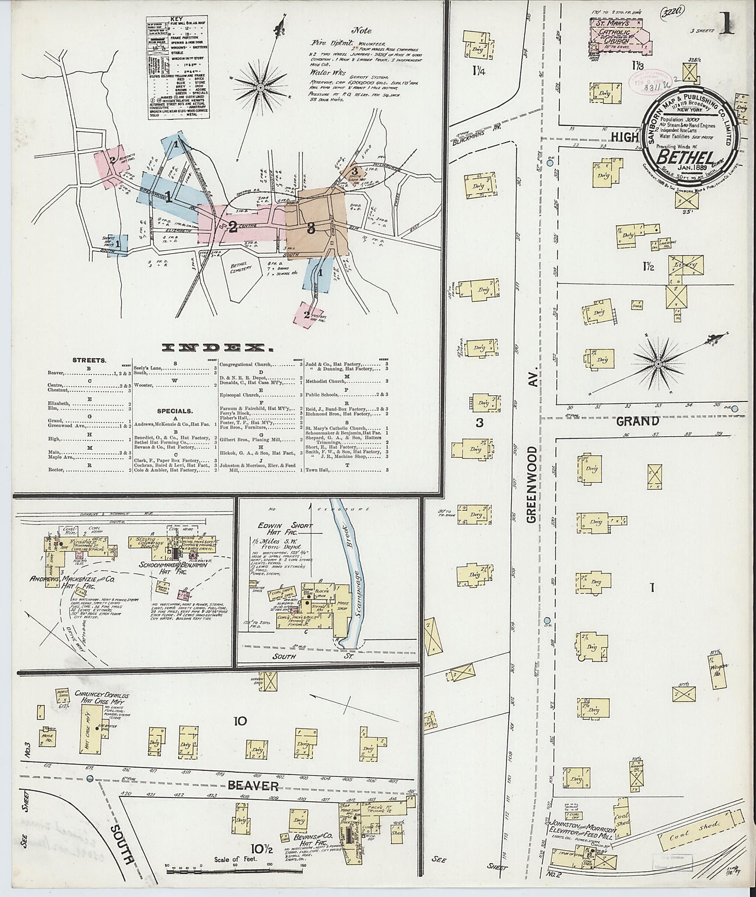 This old map of Bethel, Fairfield County, Connecticut was created by Sanborn Map Company in 1889
