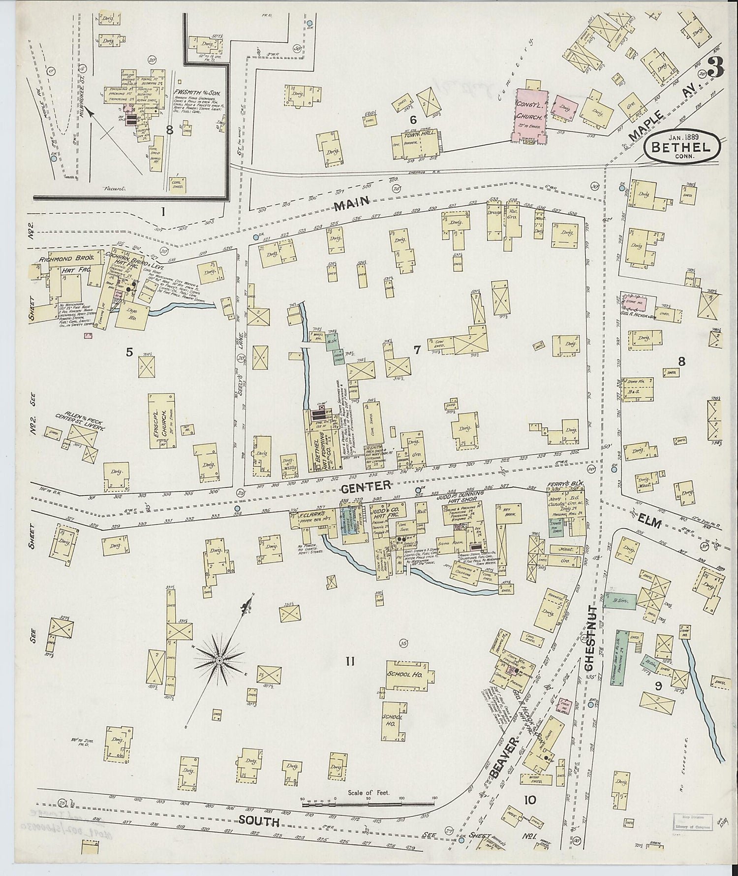 This old map of Bethel, Fairfield County, Connecticut was created by Sanborn Map Company in 1889