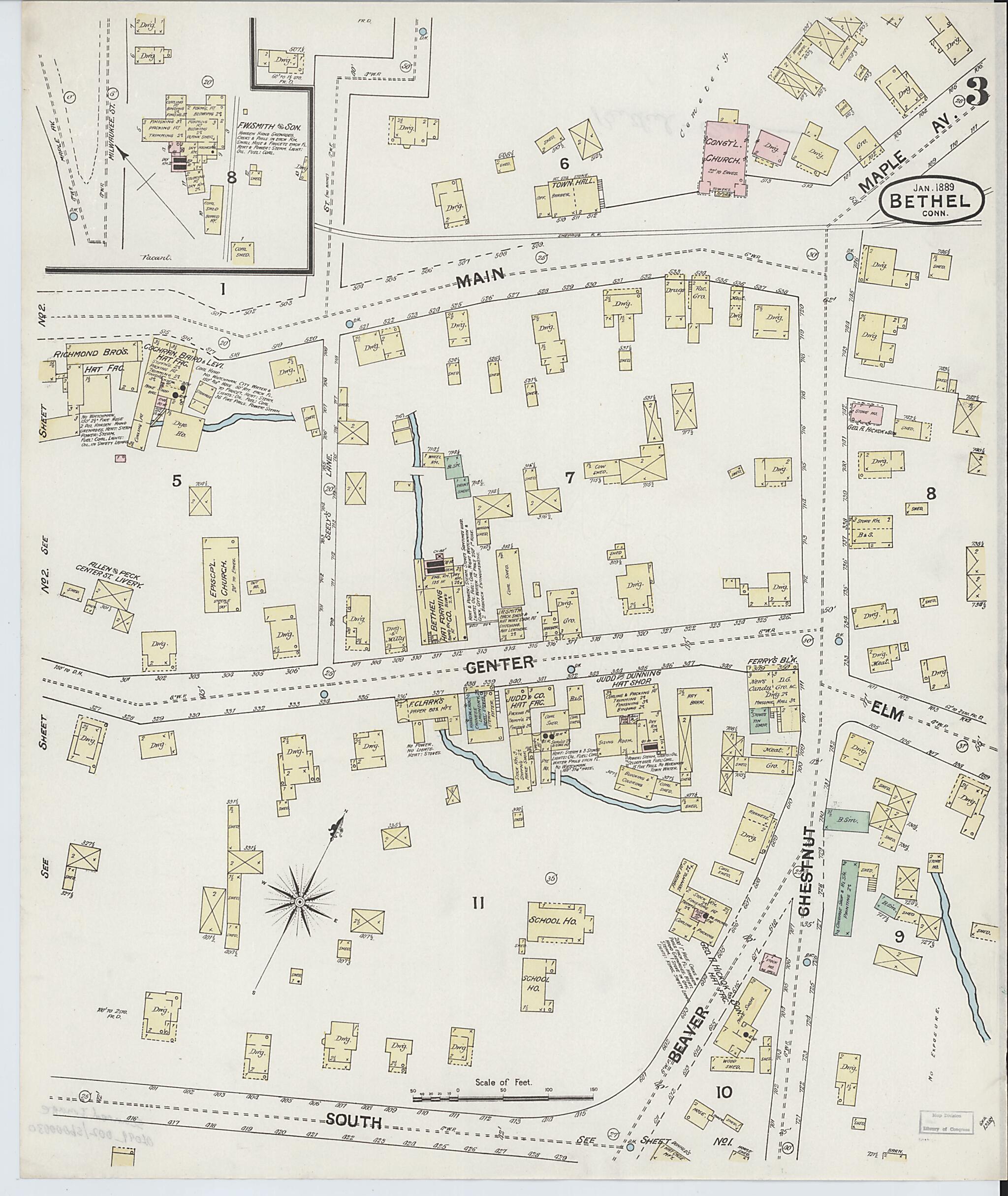This old map of Bethel, Fairfield County, Connecticut was created by Sanborn Map Company in 1889