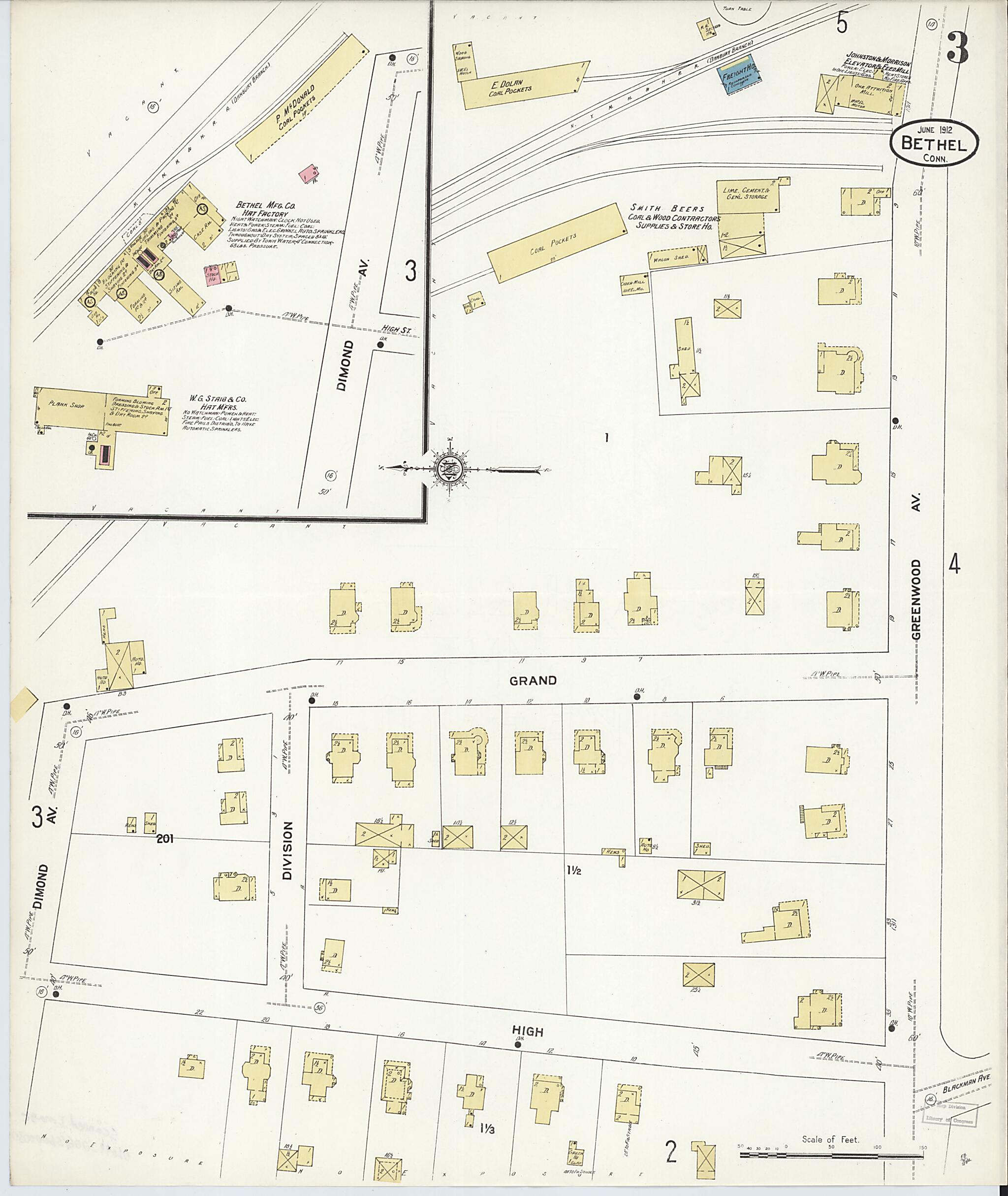 This old map of Bethel, Fairfield County, Connecticut was created by Sanborn Map Company in 1912