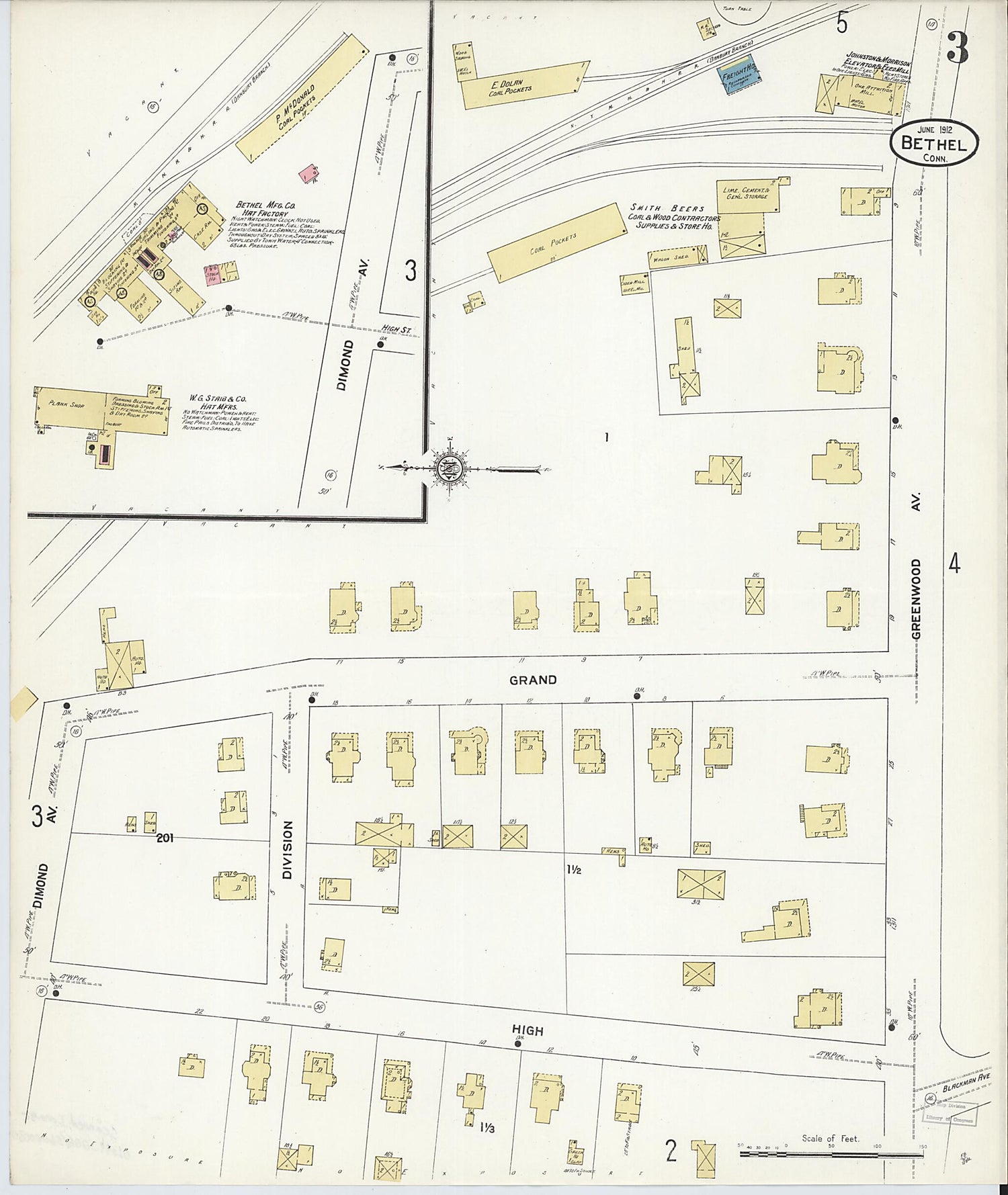 This old map of Bethel, Fairfield County, Connecticut was created by Sanborn Map Company in 1912