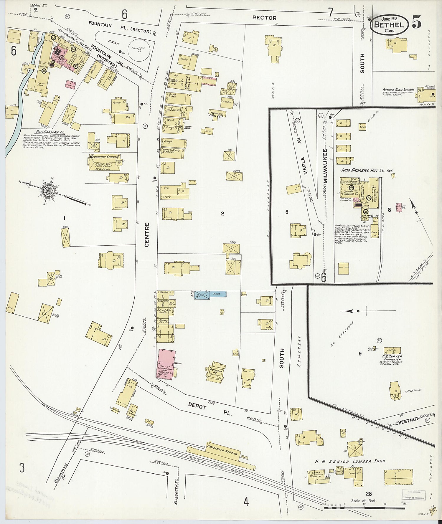 This old map of Bethel, Fairfield County, Connecticut was created by Sanborn Map Company in 1912