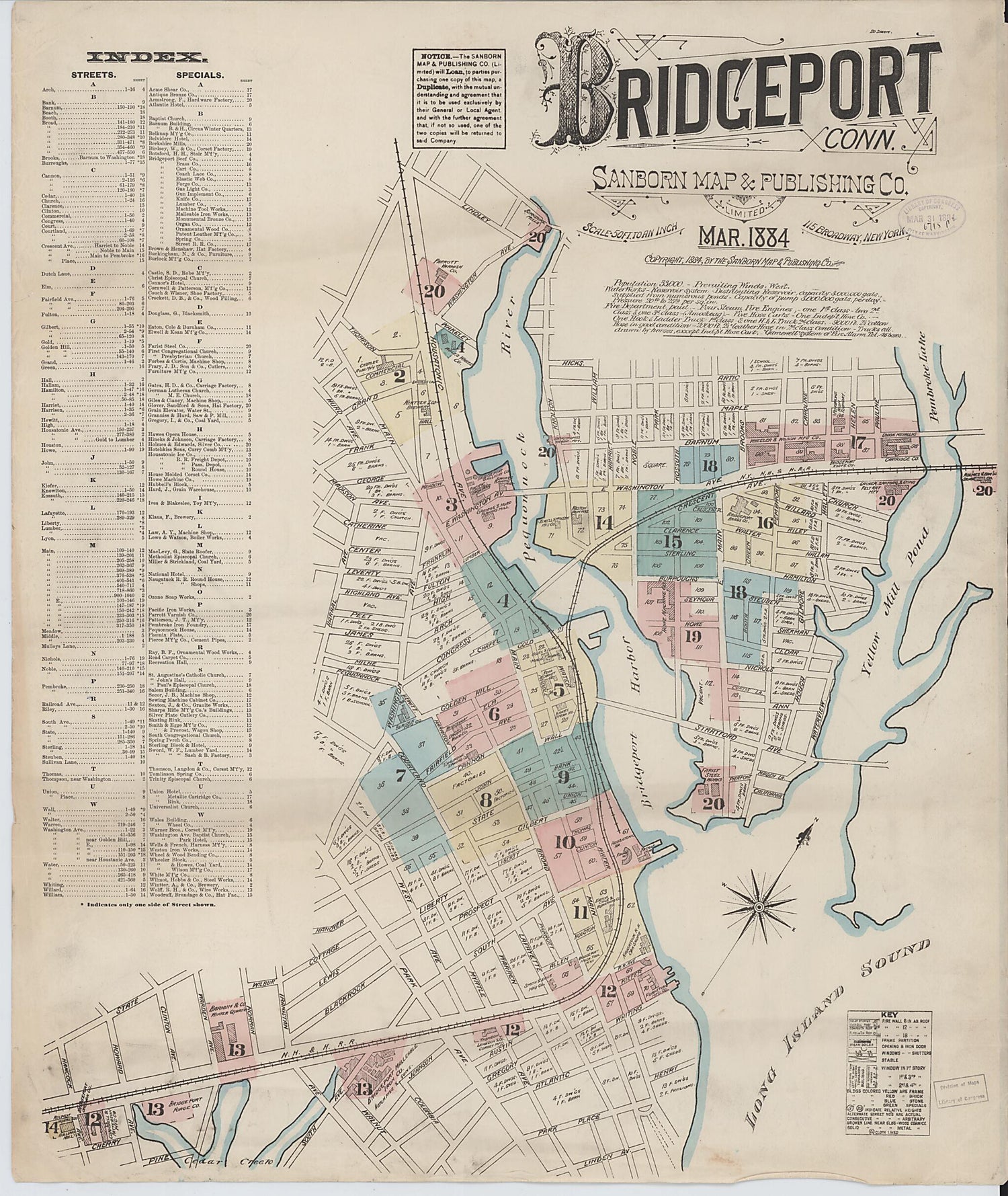 This old map of Bridgeport, Fairfield County, Connecticut was created by Sanborn Map Company in 1884