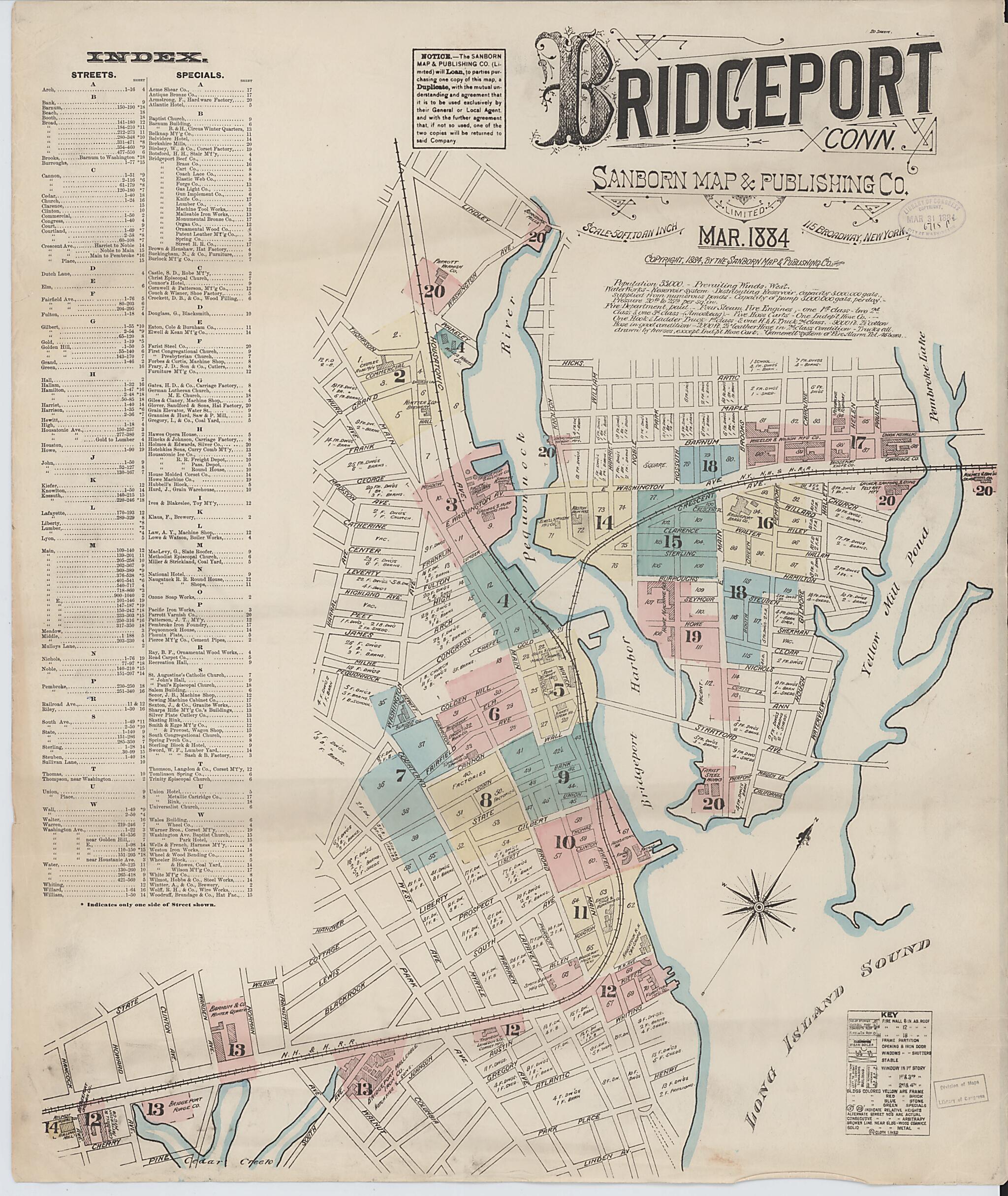 This old map of Bridgeport, Fairfield County, Connecticut was created by Sanborn Map Company in 1884