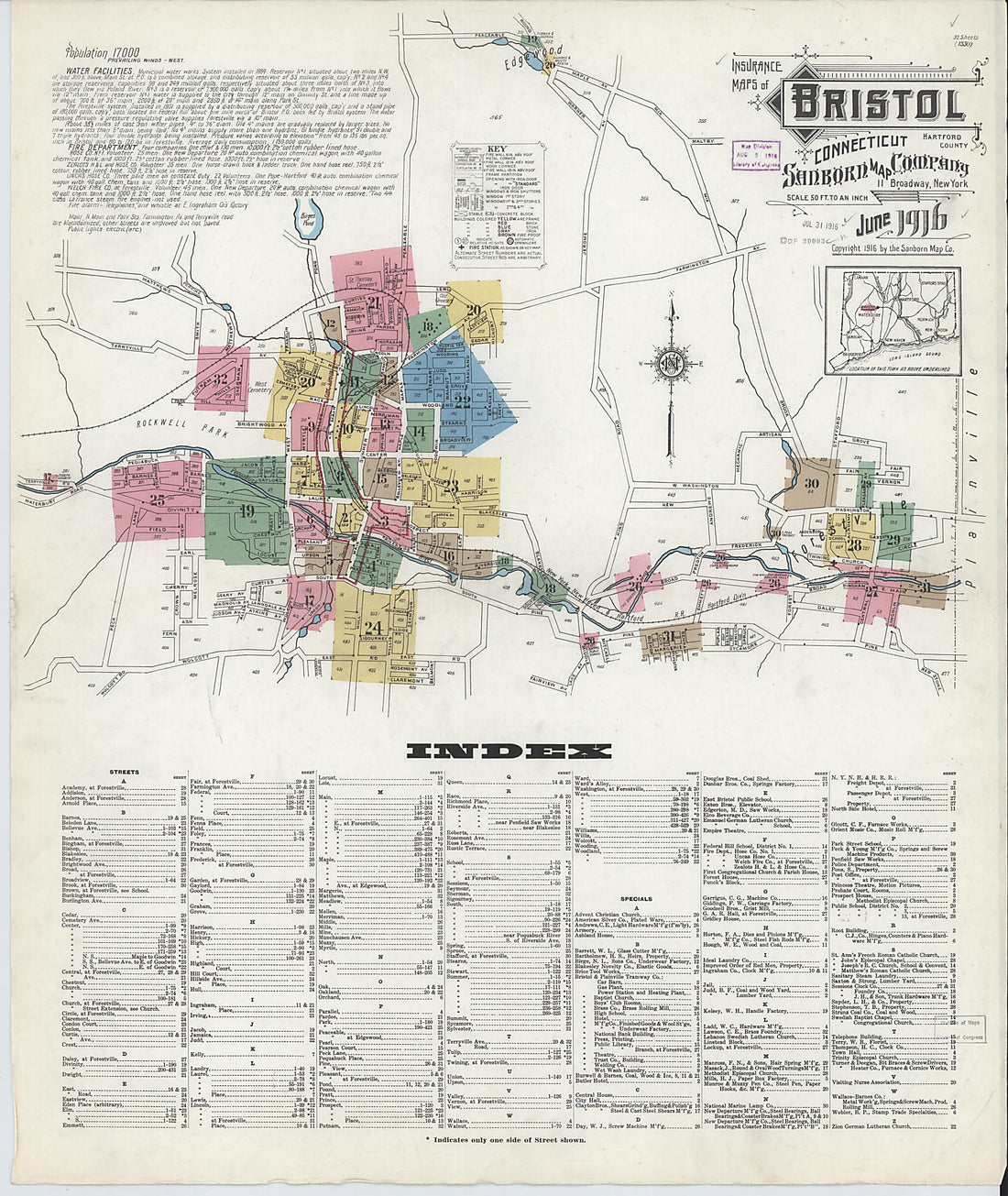 This old map of Bristol, Hartford County, Connecticut was created by Sanborn Map Company in 1916