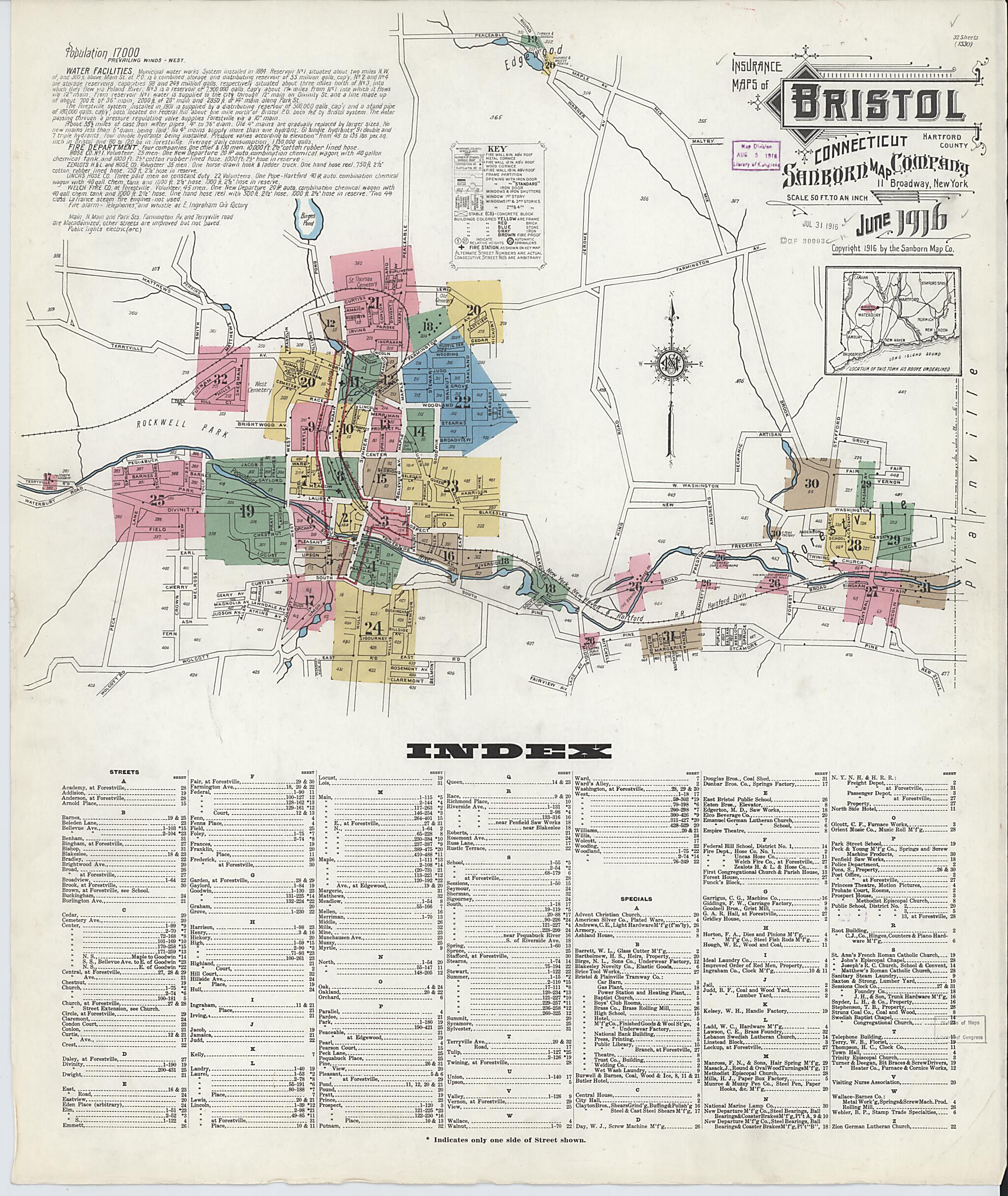 This old map of Bristol, Hartford County, Connecticut was created by Sanborn Map Company in 1916