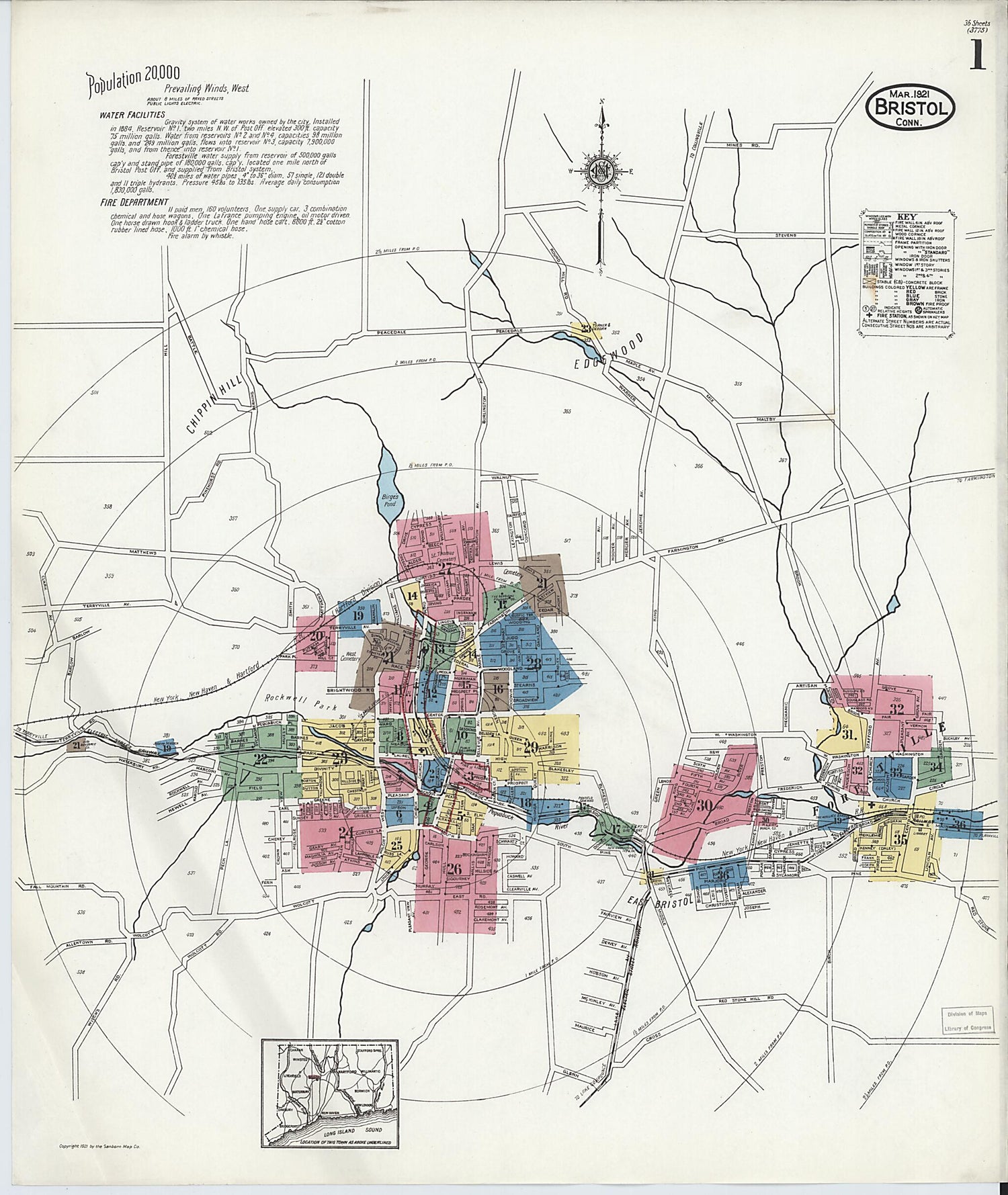 This old map of Bristol, Hartford County, Connecticut was created by Sanborn Map Company in 1921