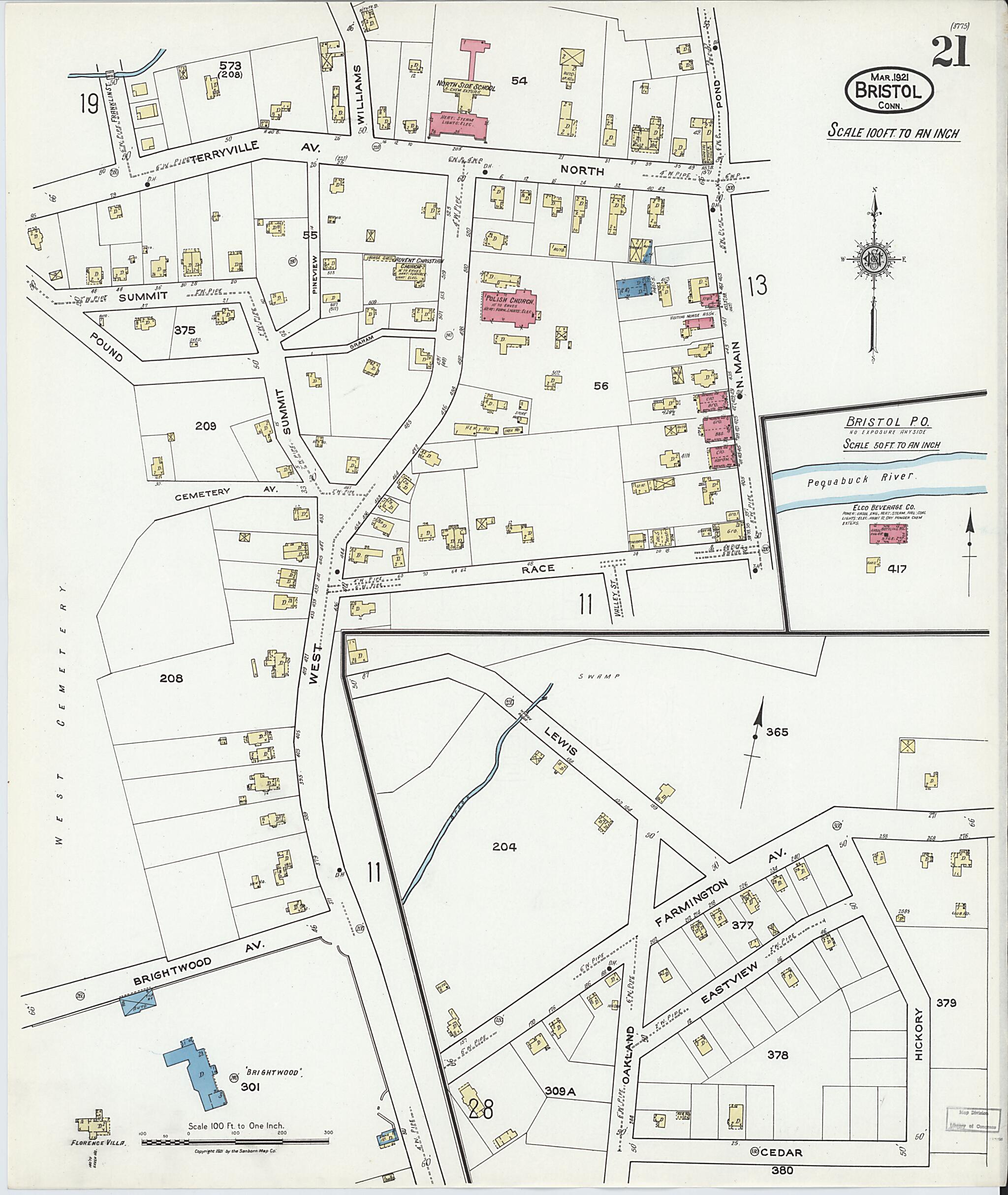 This old map of Bristol, Hartford County, Connecticut was created by Sanborn Map Company in 1921