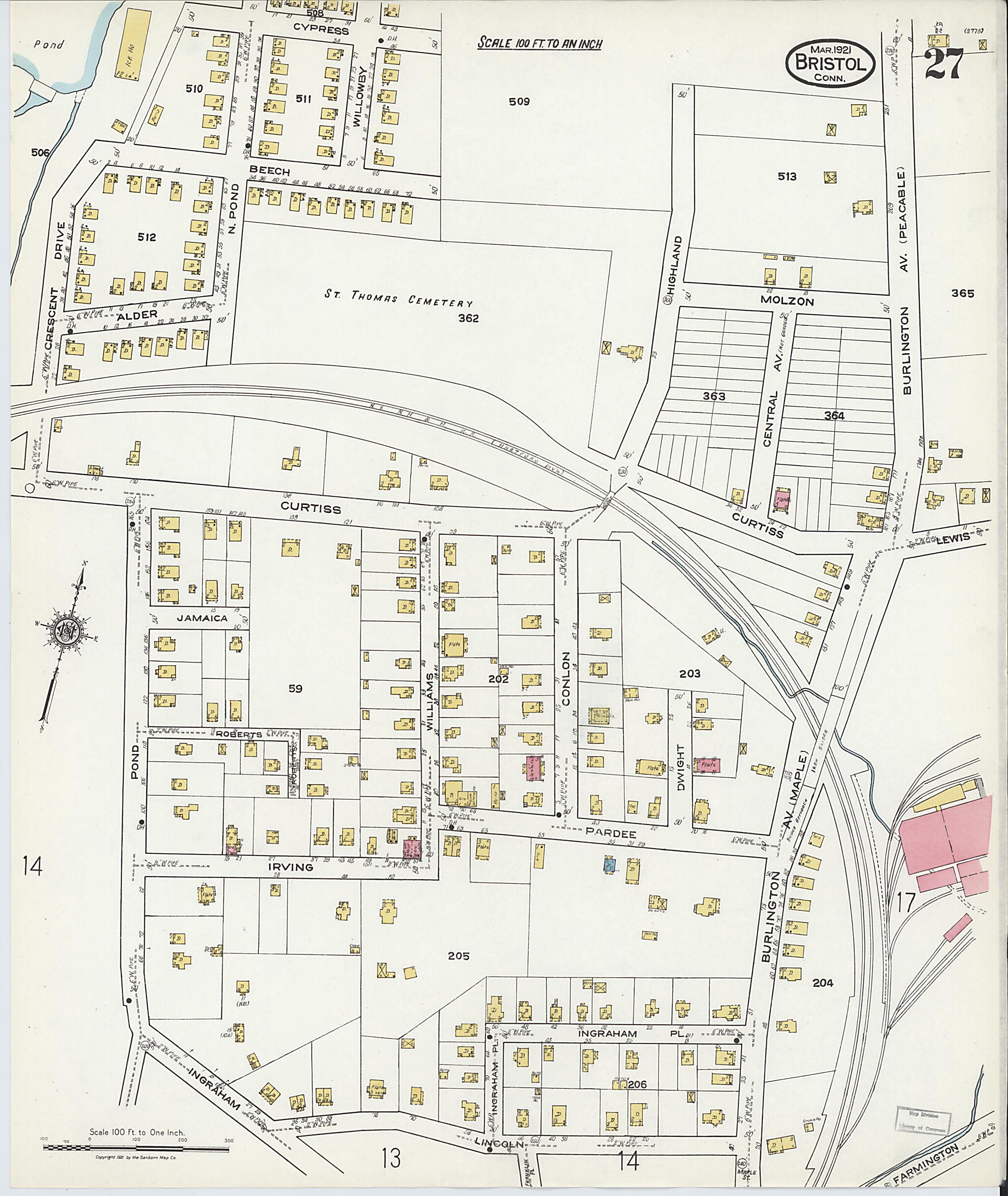 This old map of Bristol, Hartford County, Connecticut was created by Sanborn Map Company in 1921