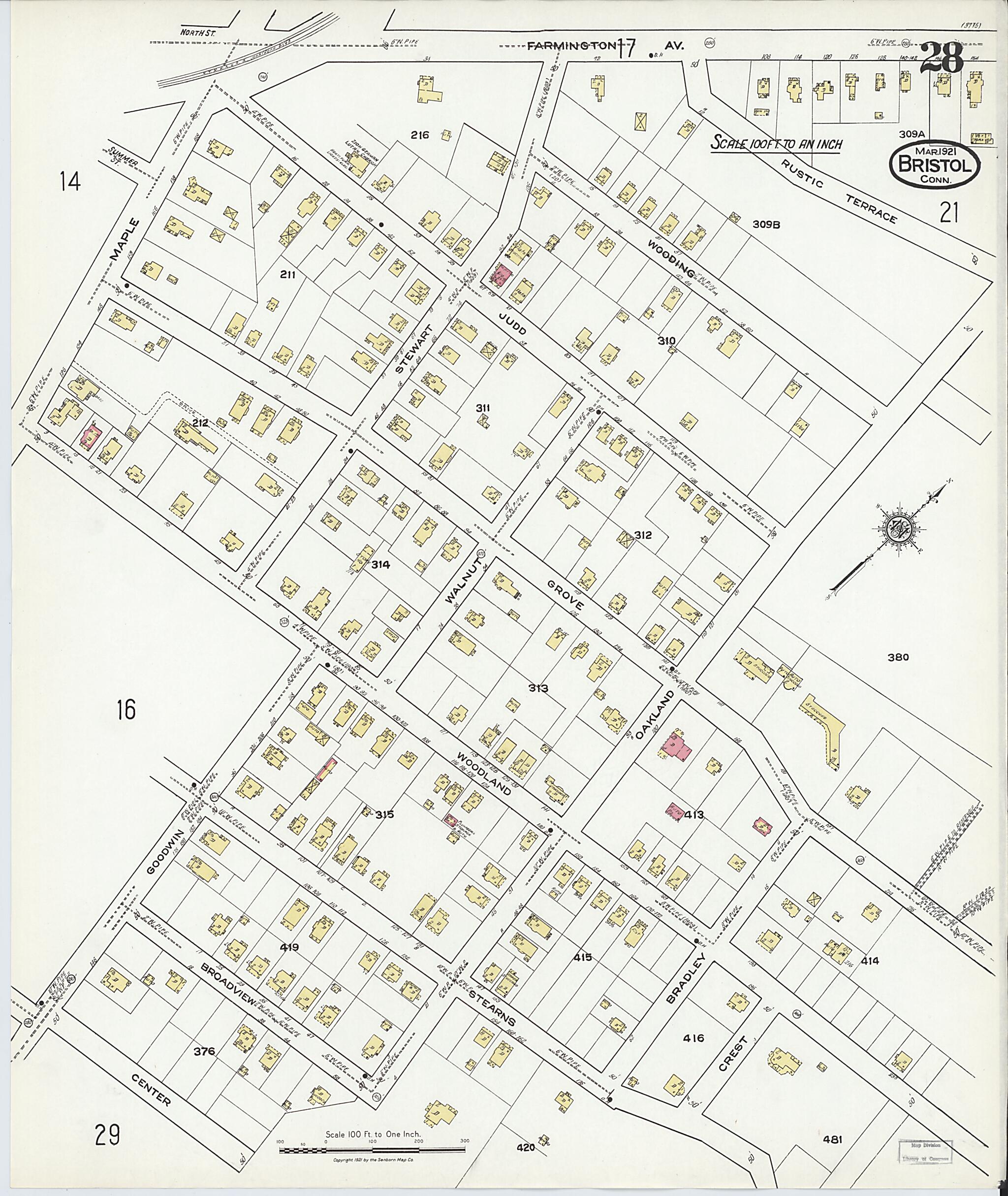 This old map of Bristol, Hartford County, Connecticut was created by Sanborn Map Company in 1921