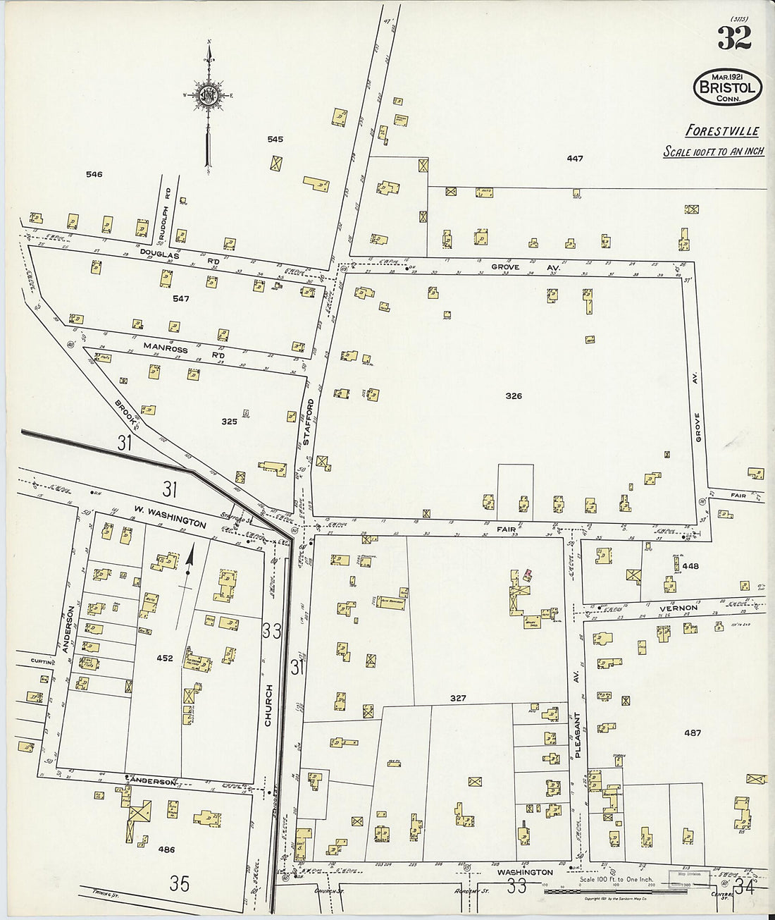 This old map of Bristol, Hartford County, Connecticut was created by Sanborn Map Company in 1921