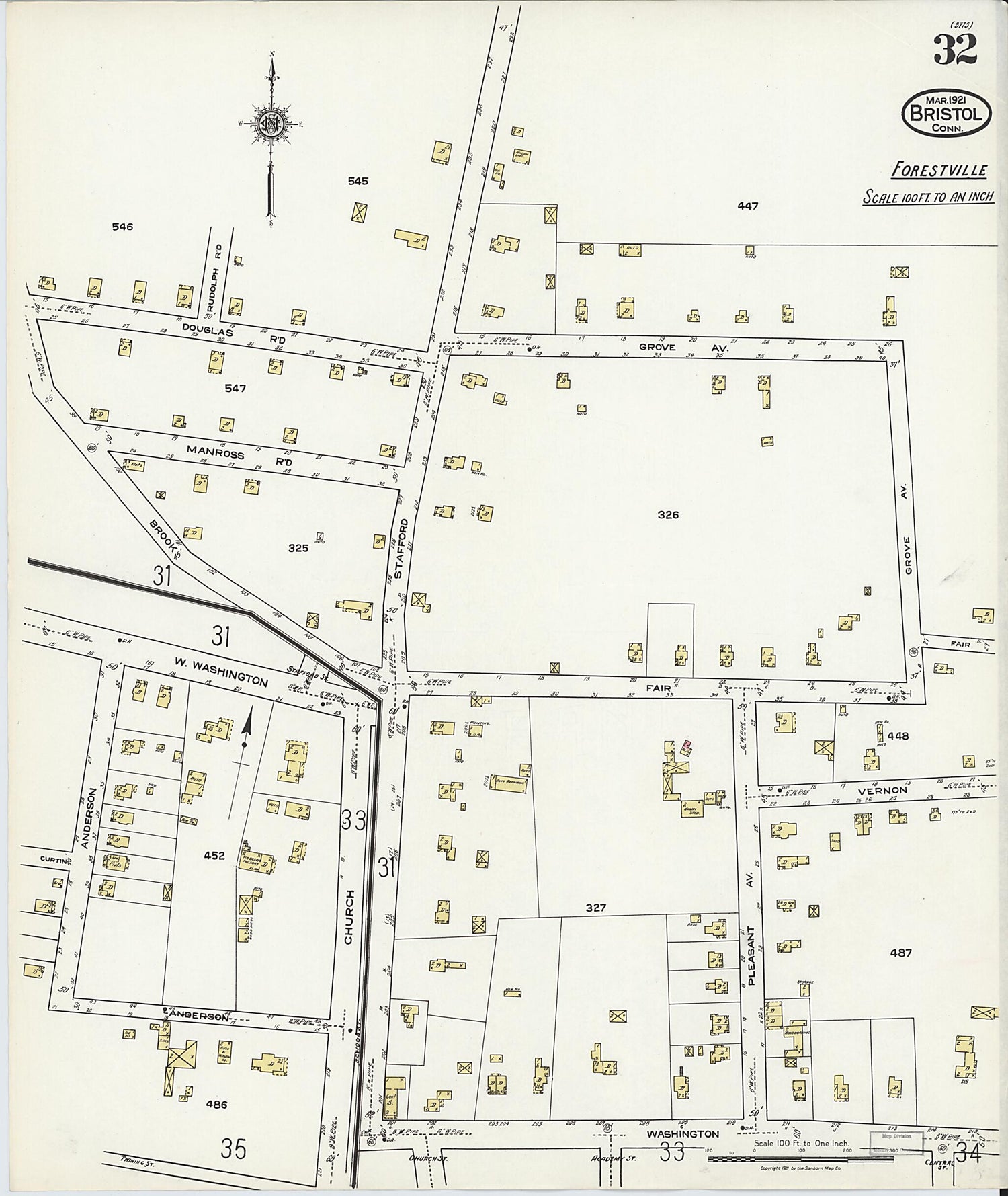 This old map of Bristol, Hartford County, Connecticut was created by Sanborn Map Company in 1921