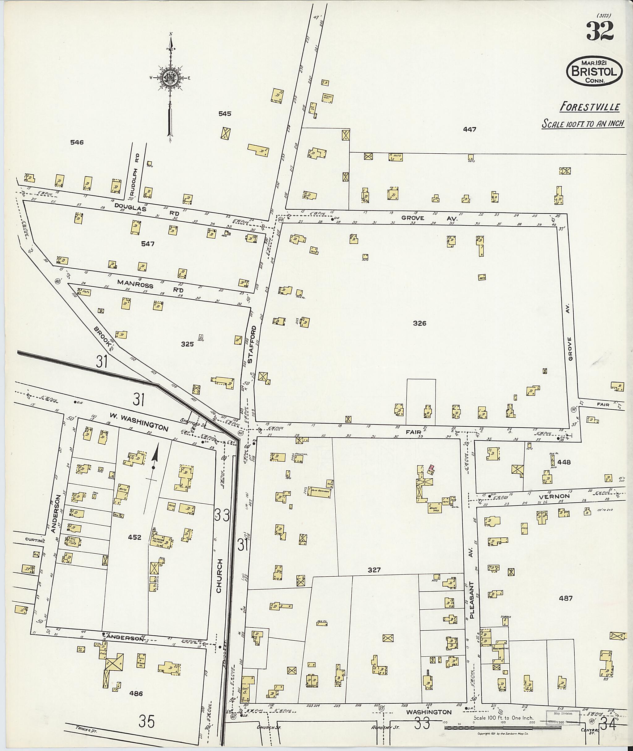 This old map of Bristol, Hartford County, Connecticut was created by Sanborn Map Company in 1921