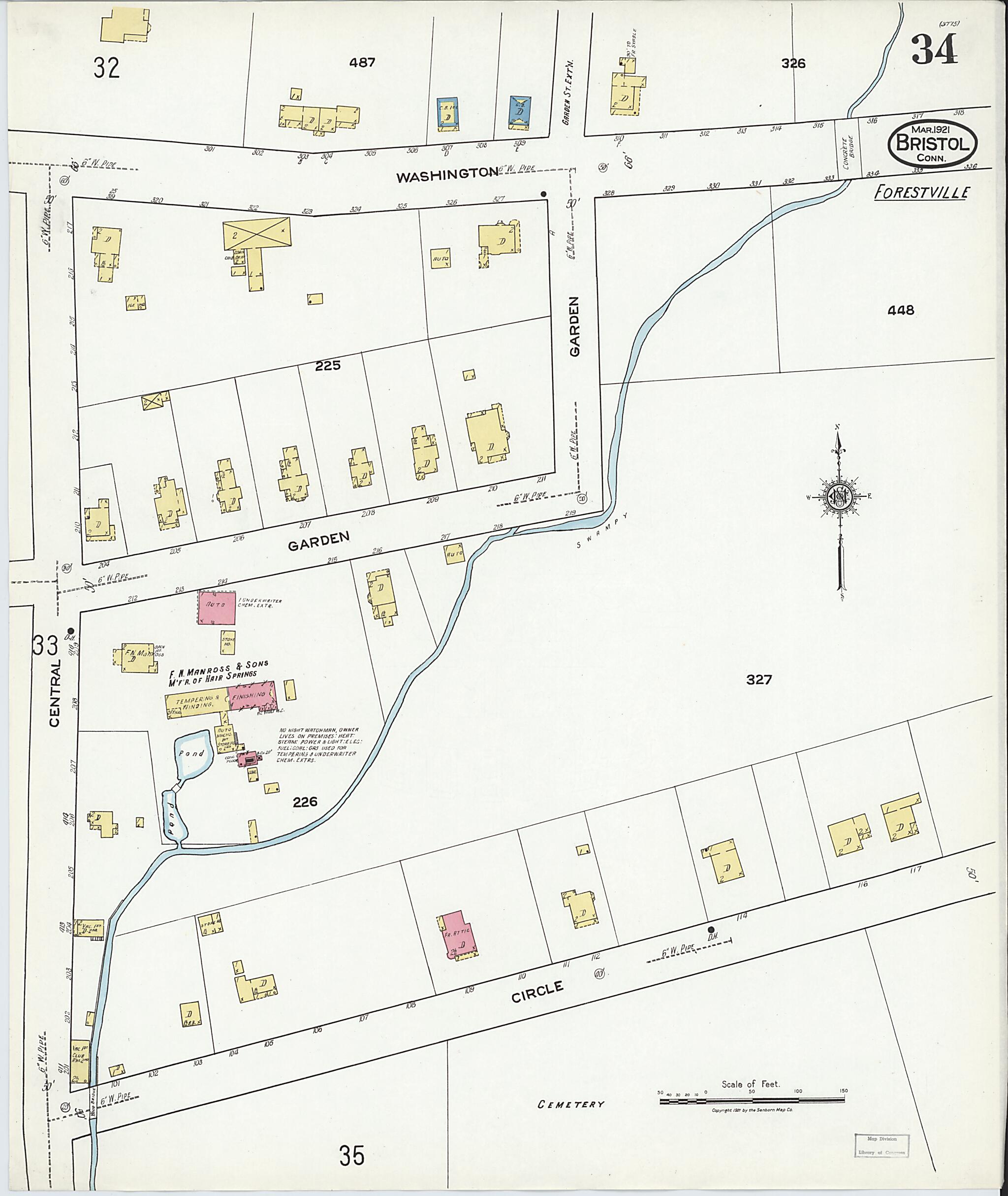 This old map of Bristol, Hartford County, Connecticut was created by Sanborn Map Company in 1921