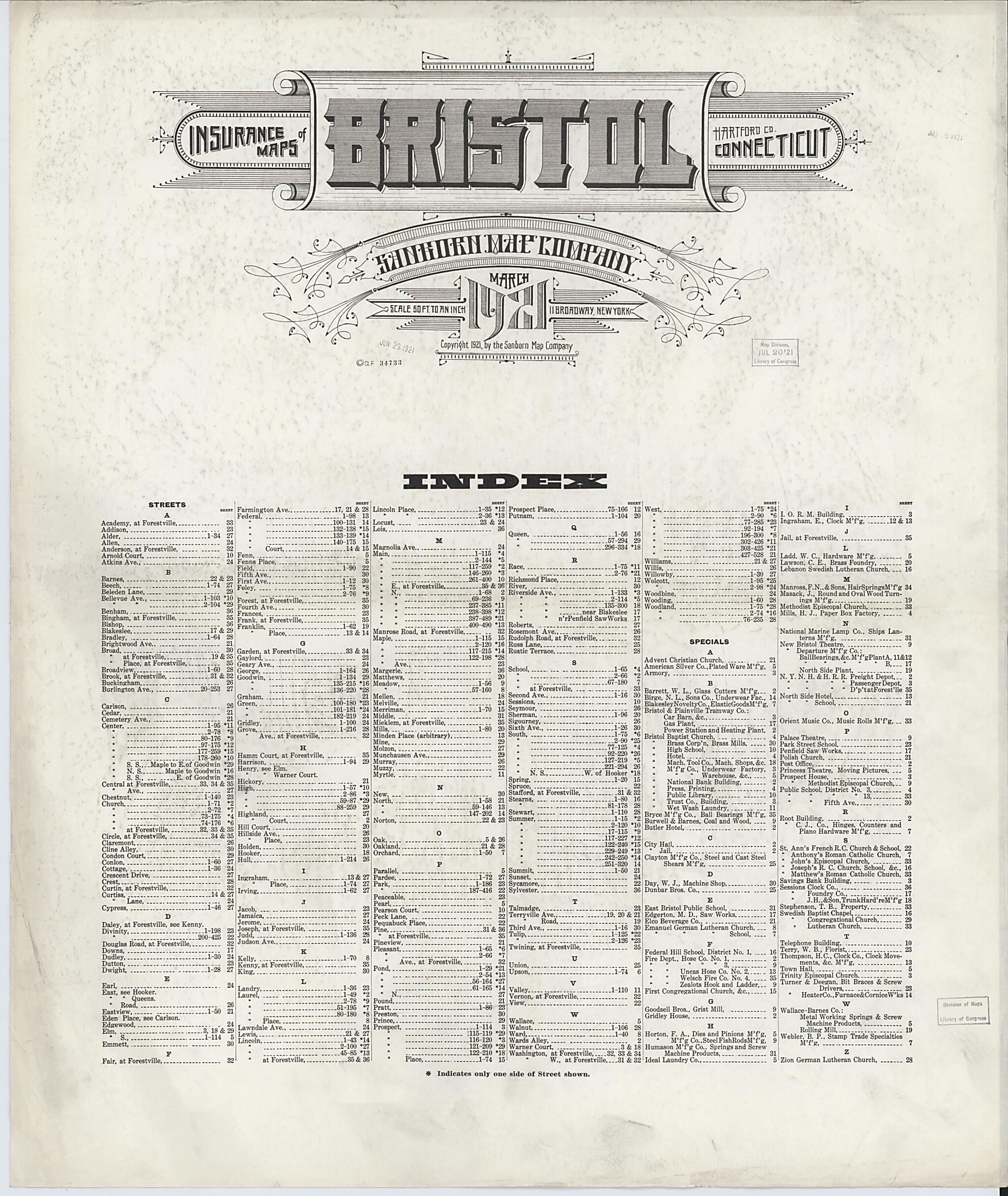 This old map of Bristol, Hartford County, Connecticut was created by Sanborn Map Company in 1921