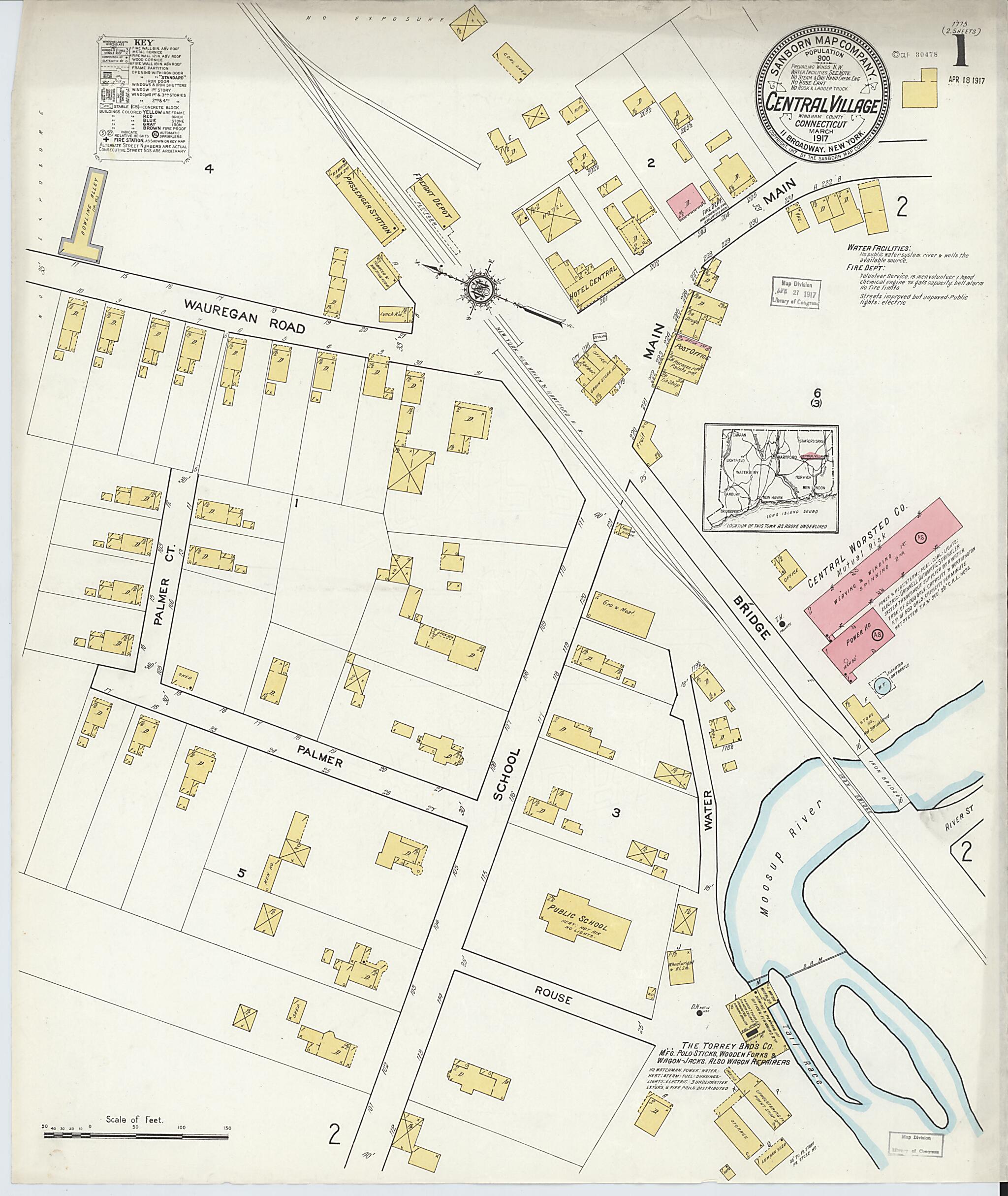 This old map of Central Village, Windham County, Connecticut was created by Sanborn Map Company in 1917