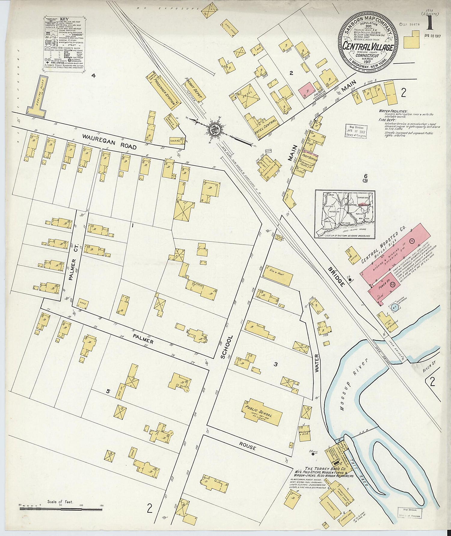 This old map of Central Village, Windham County, Connecticut was created by Sanborn Map Company in 1917