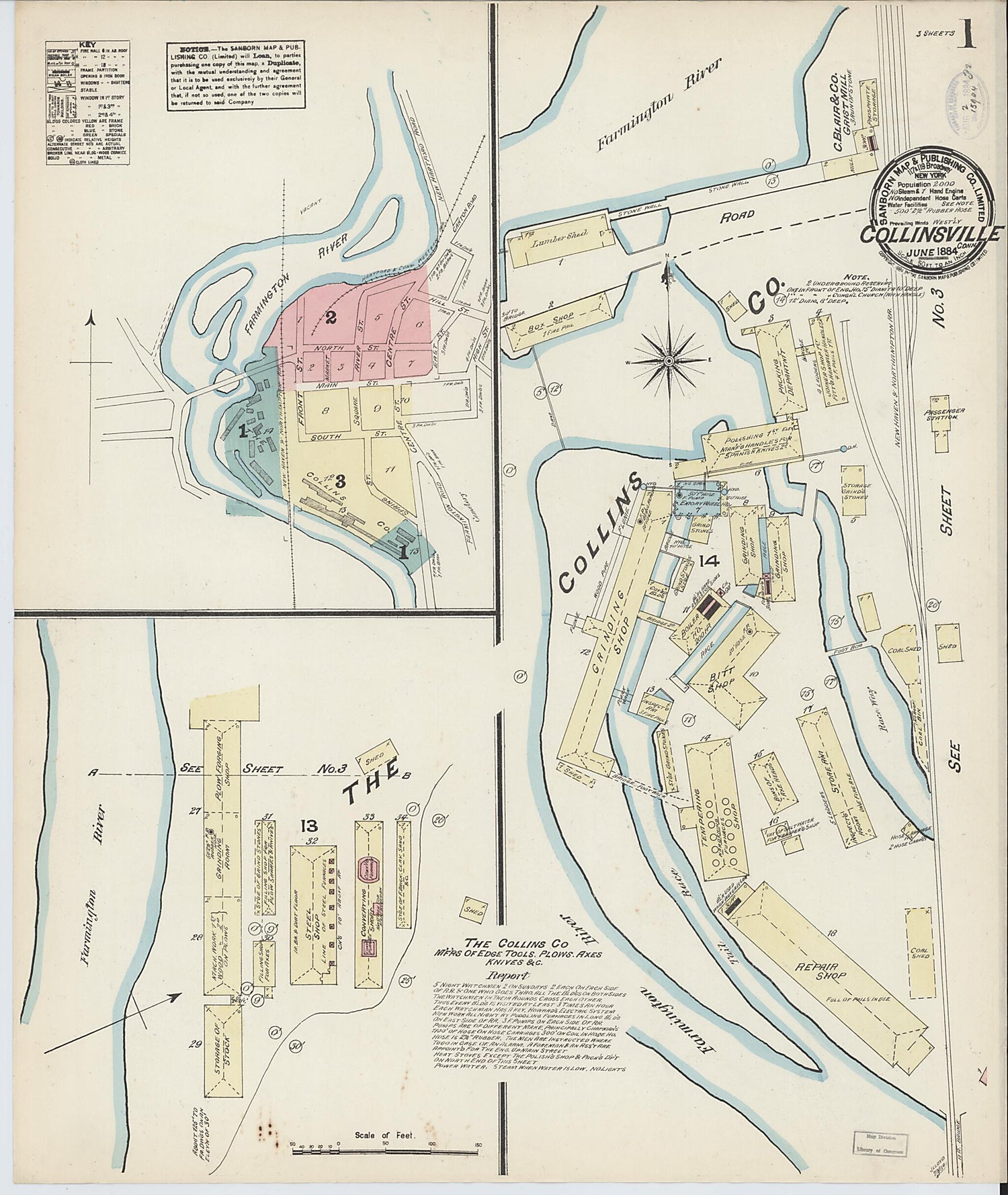 This old map of Collinsville, Hartford County, Connecticut was created by Sanborn Map Company in 1884