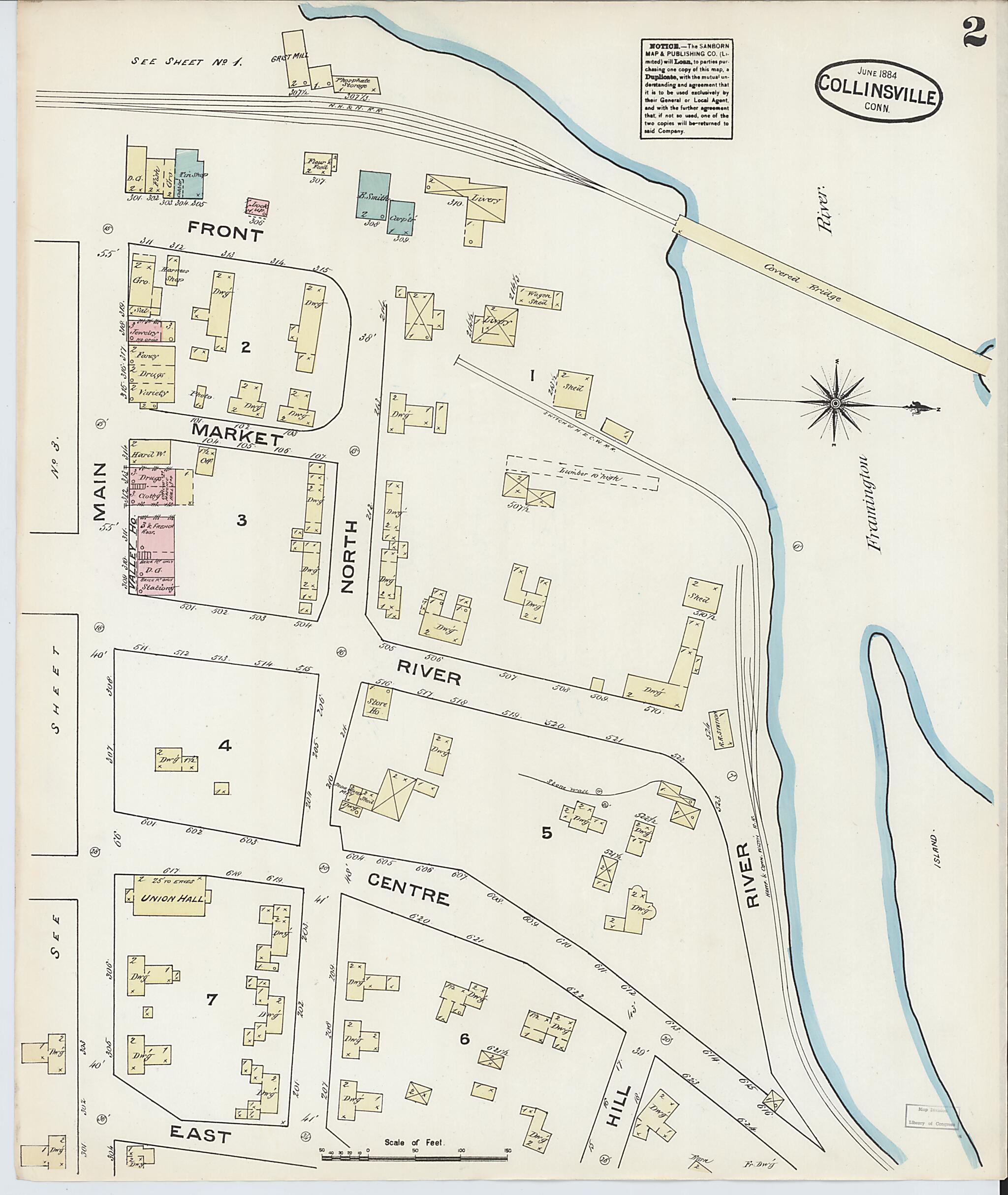 This old map of Collinsville, Hartford County, Connecticut was created by Sanborn Map Company in 1884