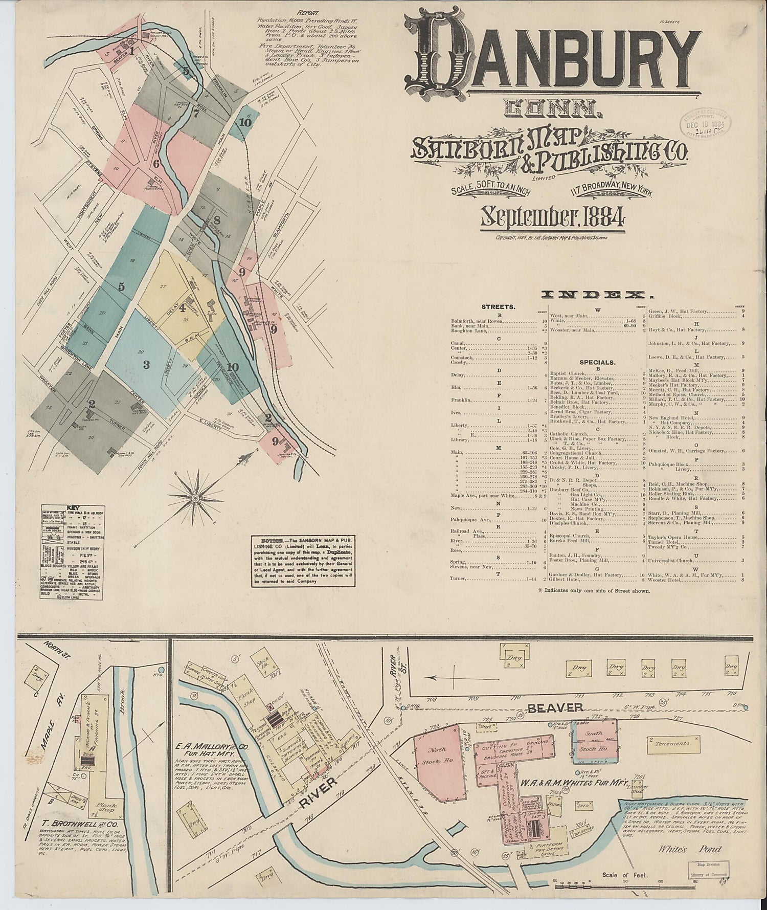 This old map of Danbury, Fairfield County, Connecticut was created by Sanborn Map Company in 1884