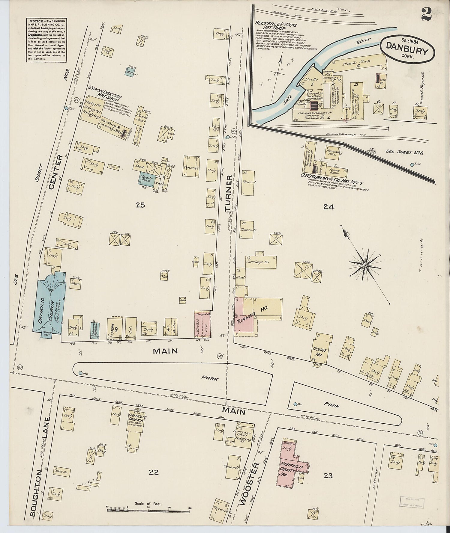 This old map of Danbury, Fairfield County, Connecticut was created by Sanborn Map Company in 1884