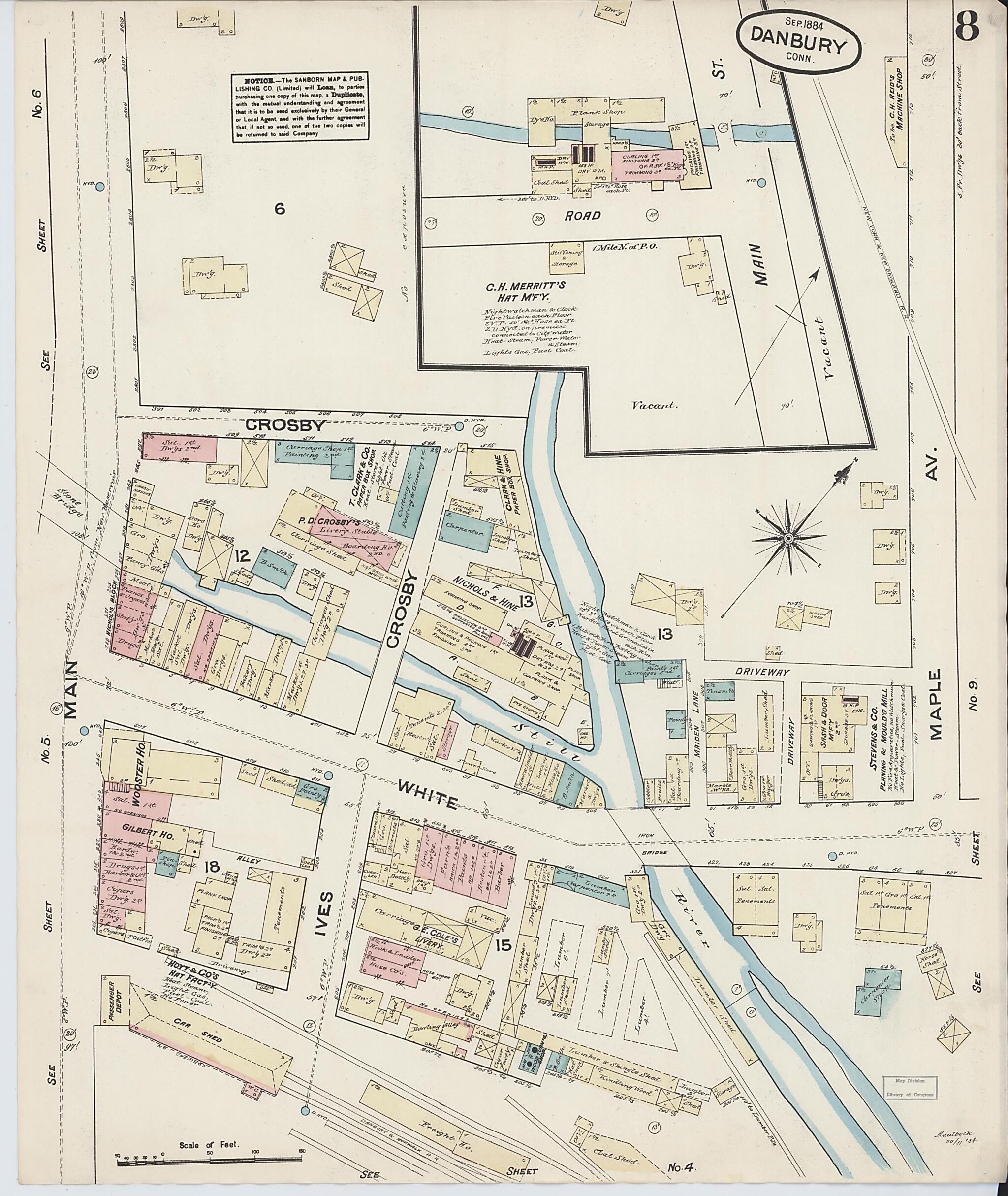 This old map of Danbury, Fairfield County, Connecticut was created by Sanborn Map Company in 1884