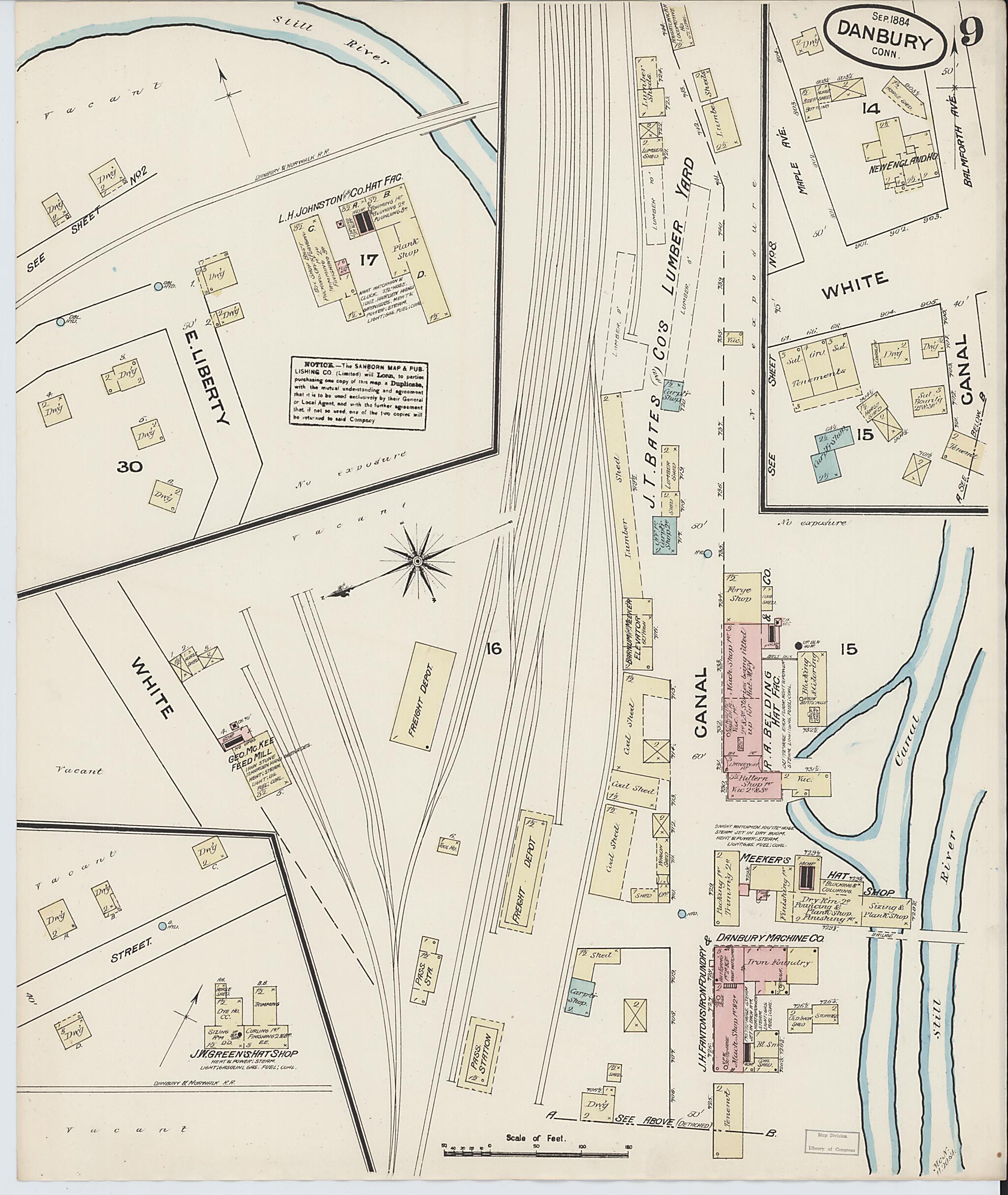 This old map of Danbury, Fairfield County, Connecticut was created by Sanborn Map Company in 1884