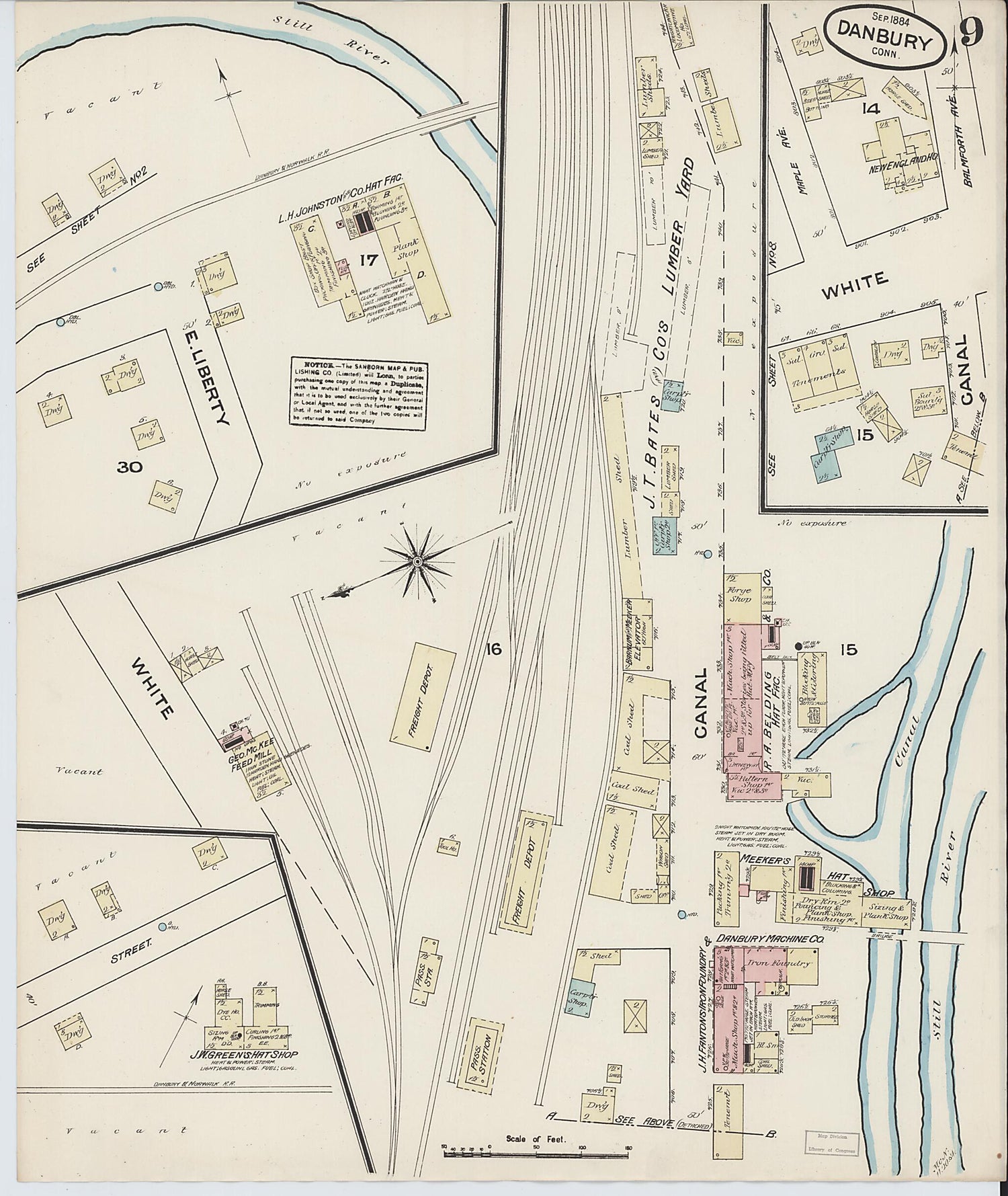This old map of Danbury, Fairfield County, Connecticut was created by Sanborn Map Company in 1884
