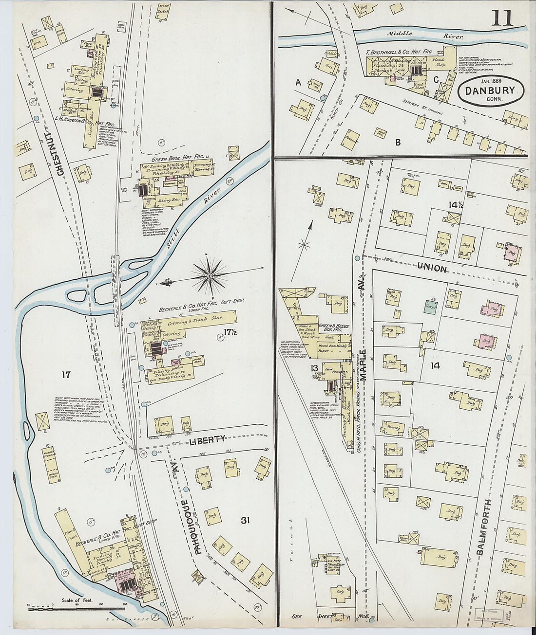 This old map of Danbury, Fairfield County, Connecticut was created by Sanborn Map Company in 1889