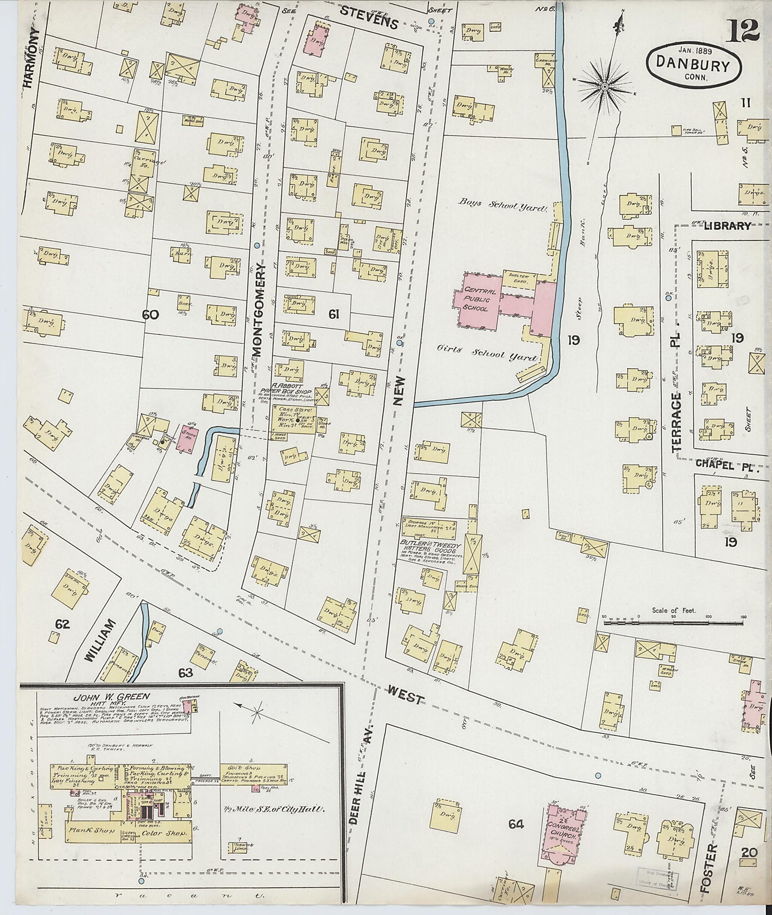 This old map of Danbury, Fairfield County, Connecticut was created by Sanborn Map Company in 1889