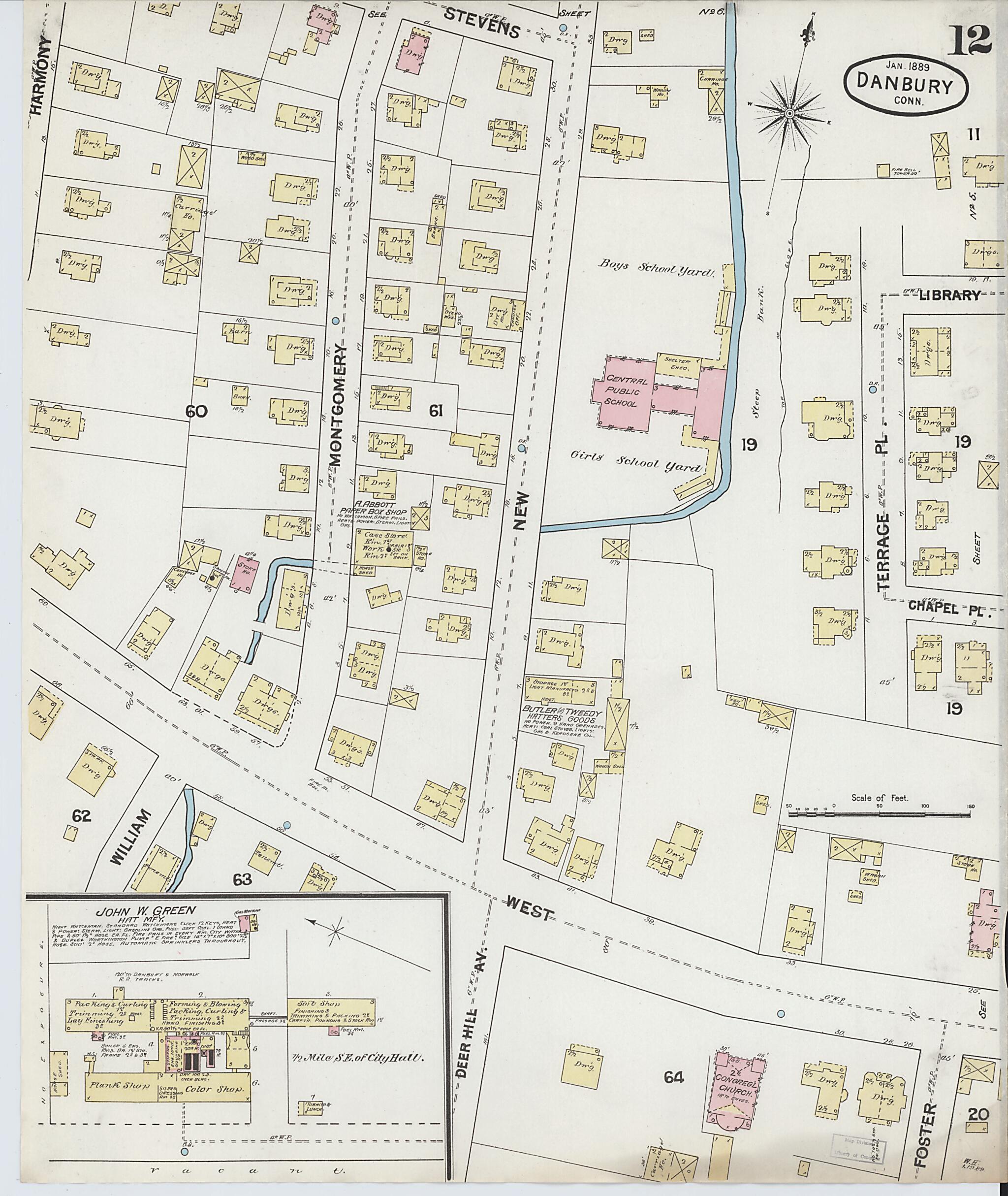 This old map of Danbury, Fairfield County, Connecticut was created by Sanborn Map Company in 1889