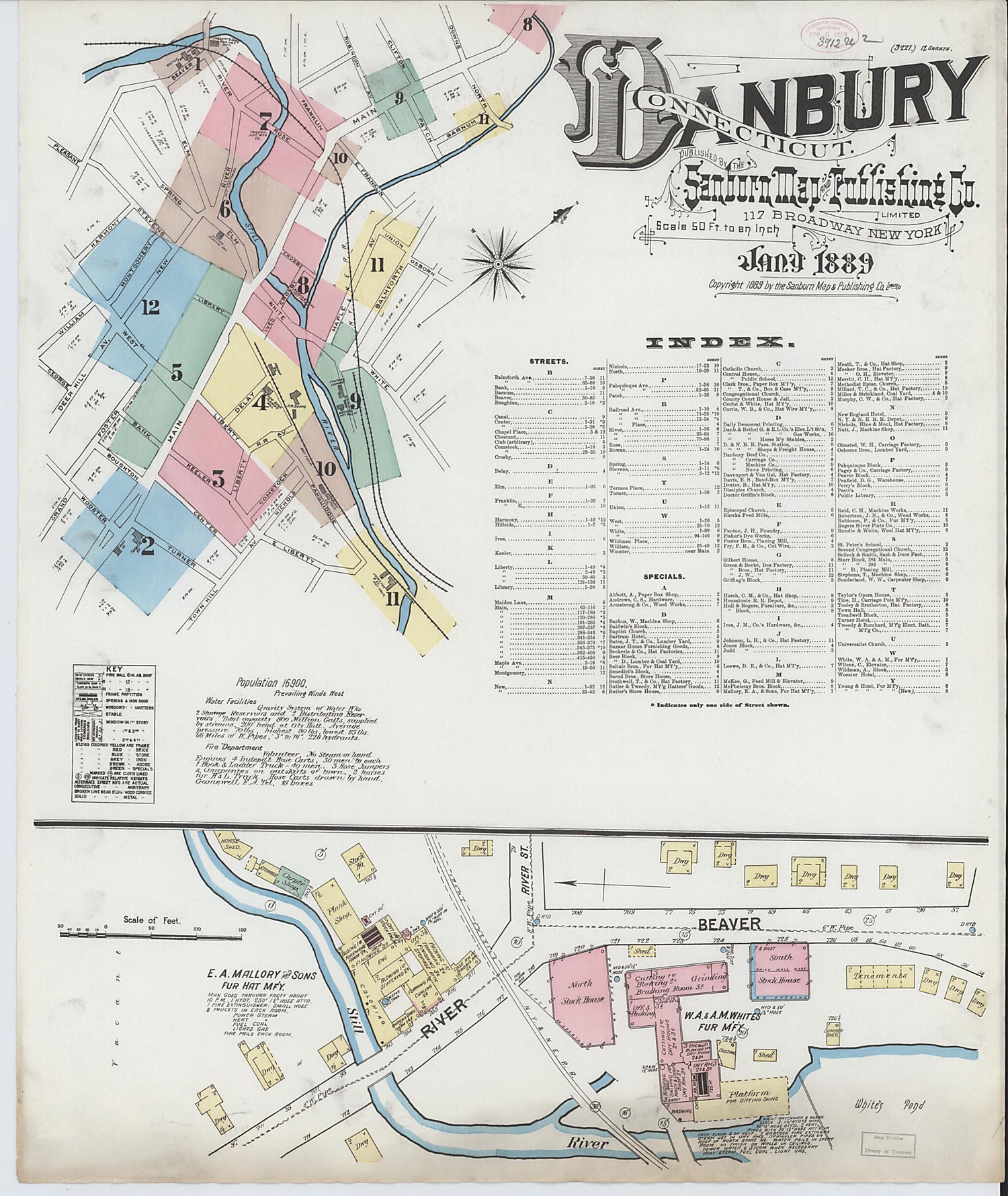 This old map of Danbury, Fairfield County, Connecticut was created by Sanborn Map Company in 1889