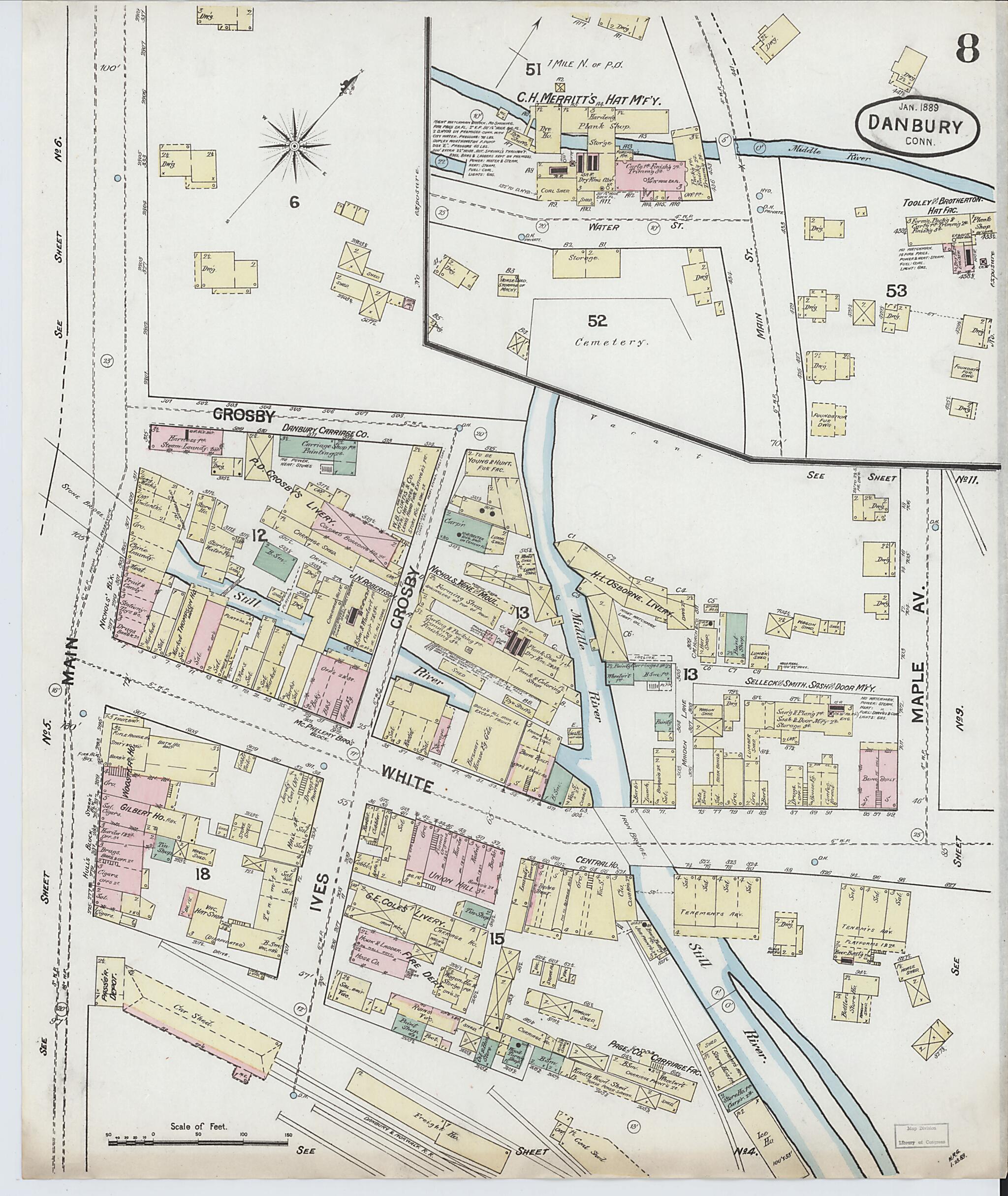 This old map of Danbury, Fairfield County, Connecticut was created by Sanborn Map Company in 1889