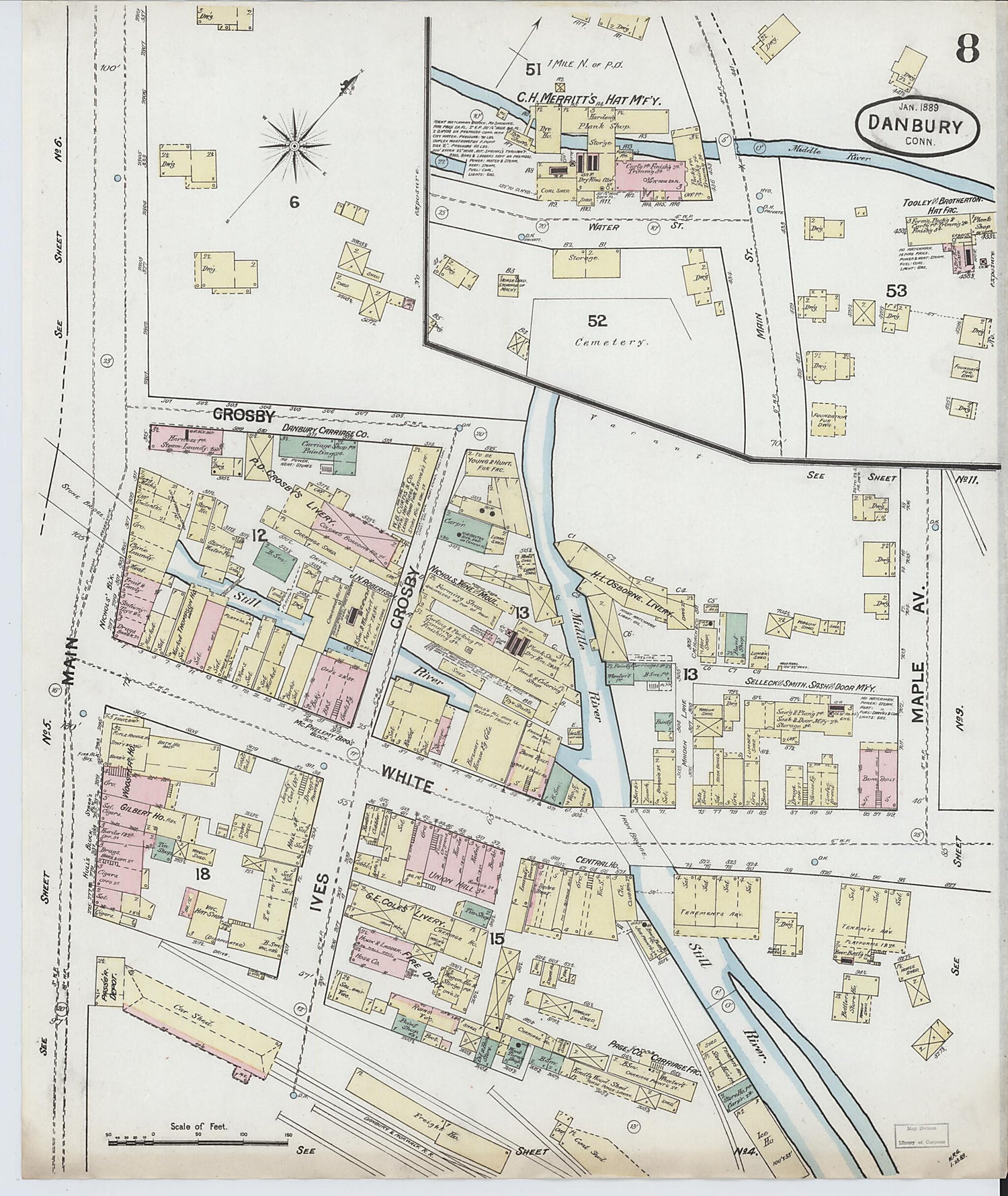 This old map of Danbury, Fairfield County, Connecticut was created by Sanborn Map Company in 1889