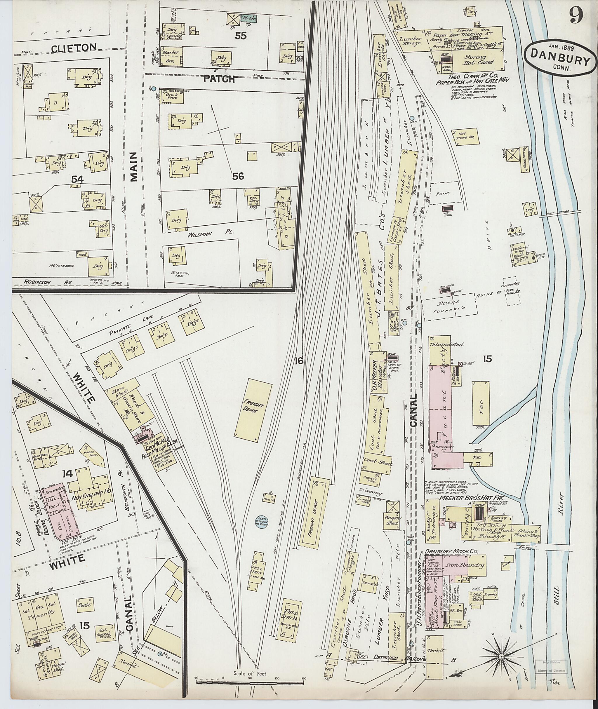 This old map of Danbury, Fairfield County, Connecticut was created by Sanborn Map Company in 1889
