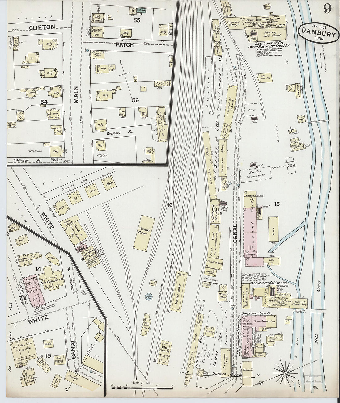 This old map of Danbury, Fairfield County, Connecticut was created by Sanborn Map Company in 1889